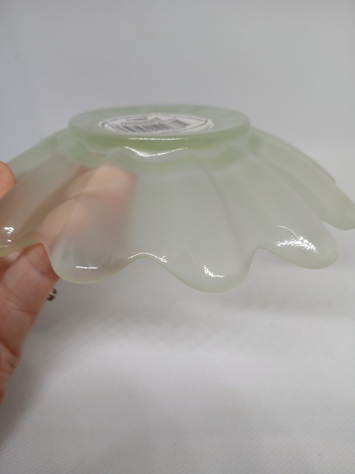 VTG Indiana Glass Satin Frosted Green Trinket Dish Scalloped 5 1/2 inches wide