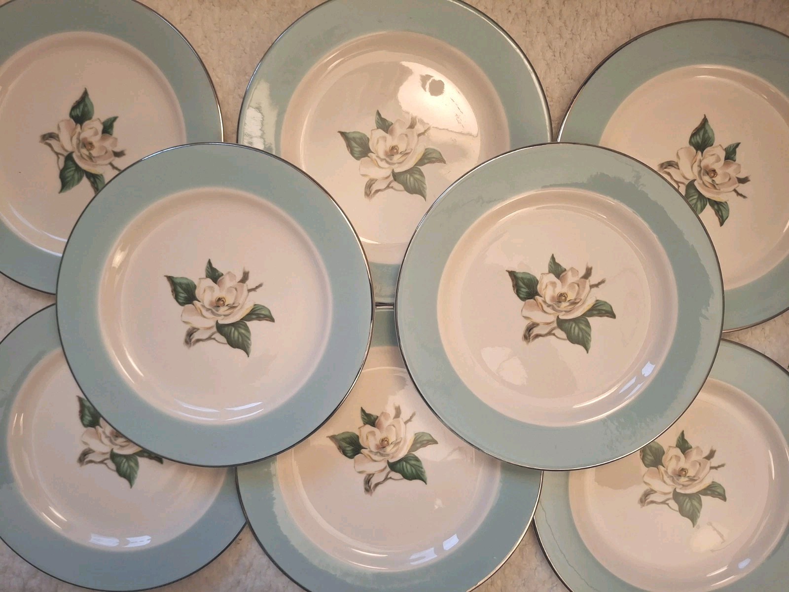 Set Of 8 Homer Laughlin Lifetime China Turquoise Magnolia, Salad Dessert Plates