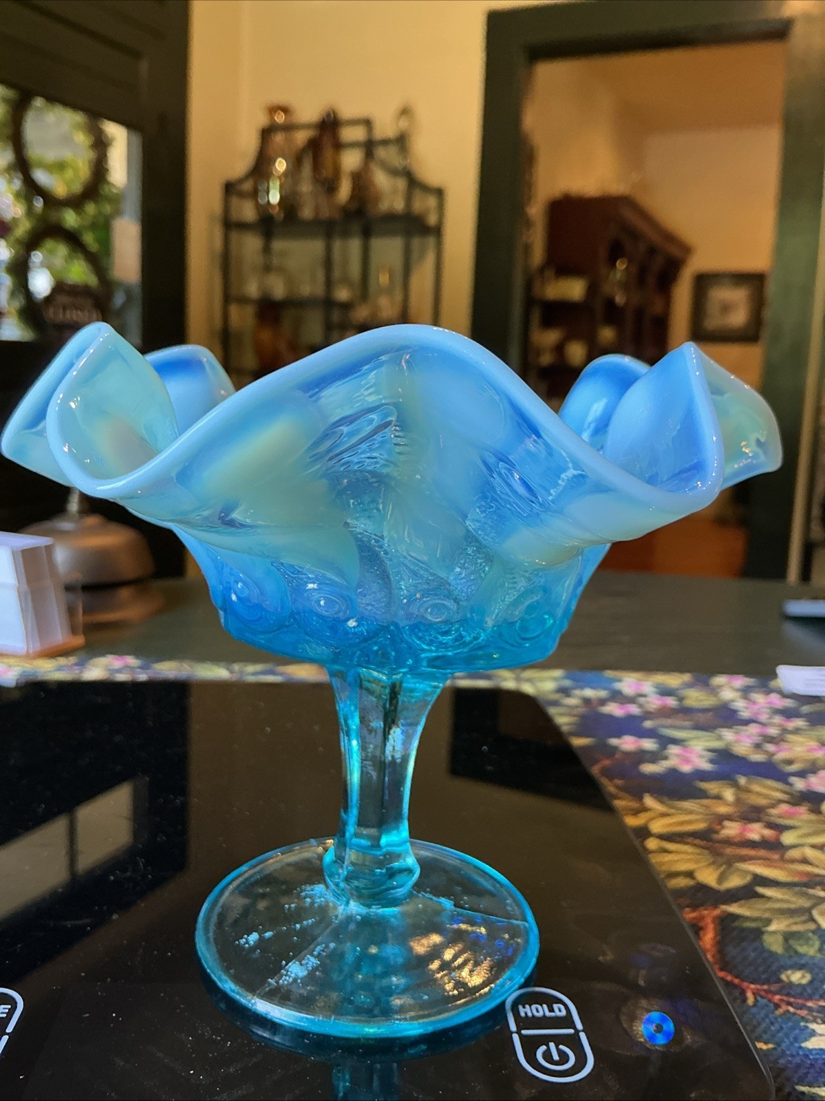 Scarce 5.5” Antique Dugan Blue Opalescent Constellation Glass Compote
