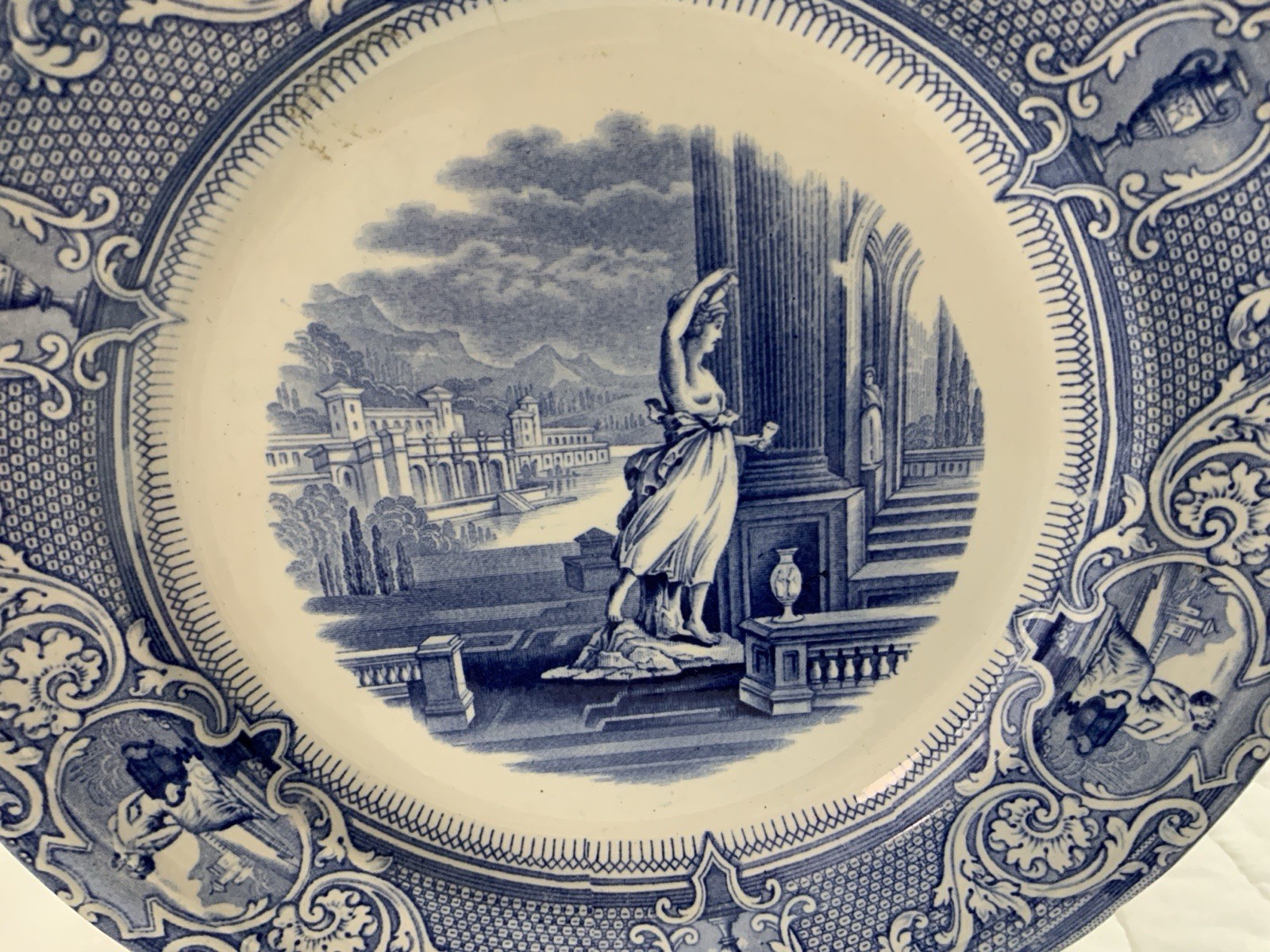 Antique Blue Transferware Dinner Plate, UK,, Grecian Lady & Castle, Davenport