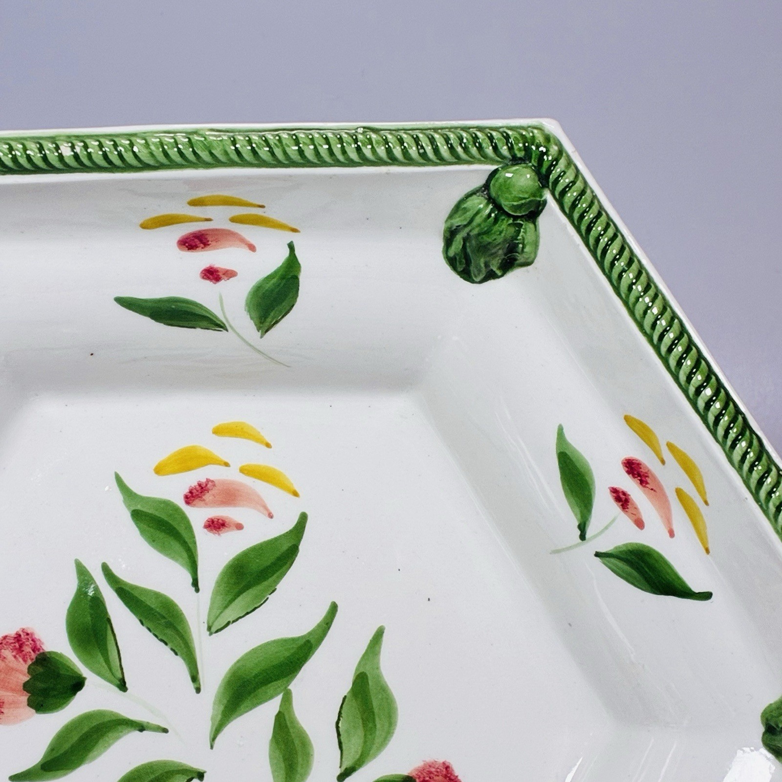 Vintage Italian 10” Pedestal Compote By Nora Fenton Floral Ceramic Hexagon