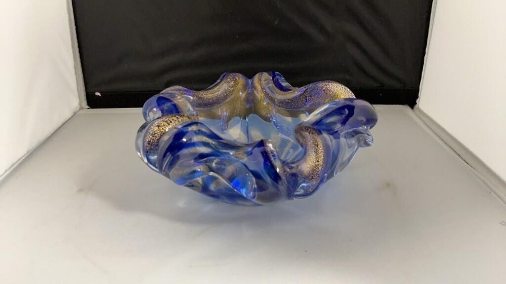 Vintage Lavorazione Arte Murano Blue Gold Aventurine Glass Bowl Label Italy
