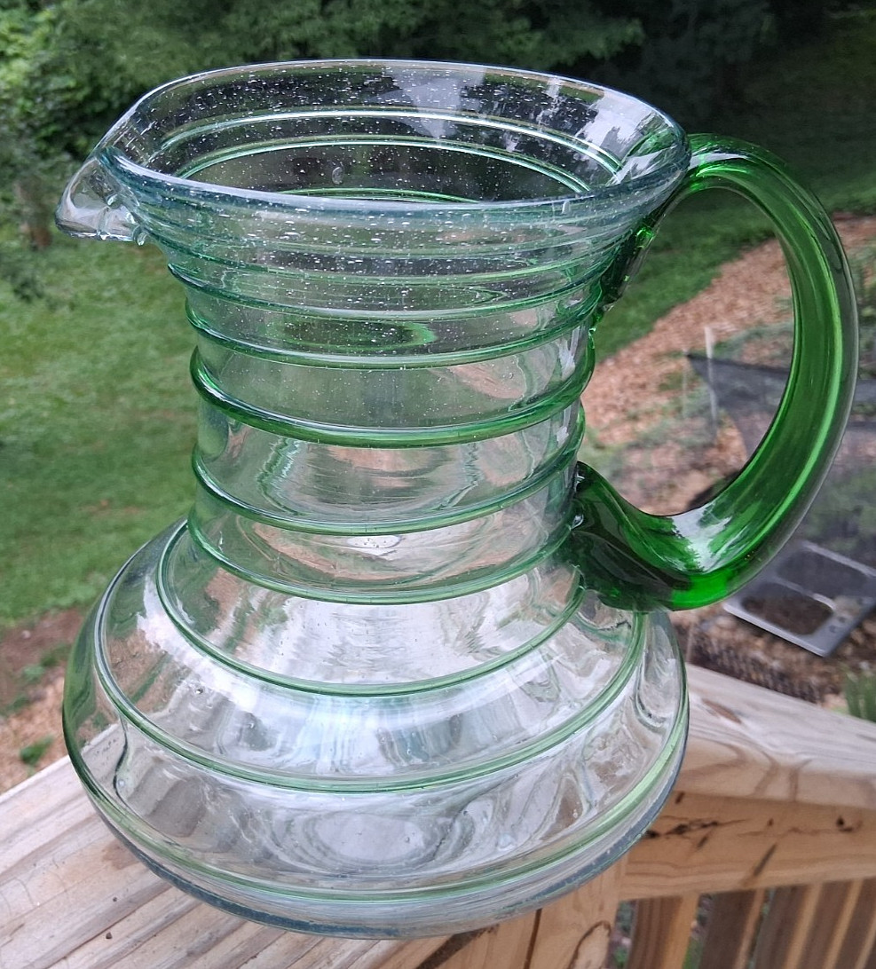 9″ Mexican Hand Blown Art Glass Pitcher Applied Green Threading & Handle Lg Base