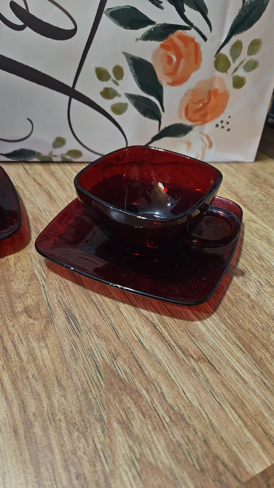 Mid-Century Anchor Hocking Royal Ruby Red Square Coffee/Tea Cup and Saucer
