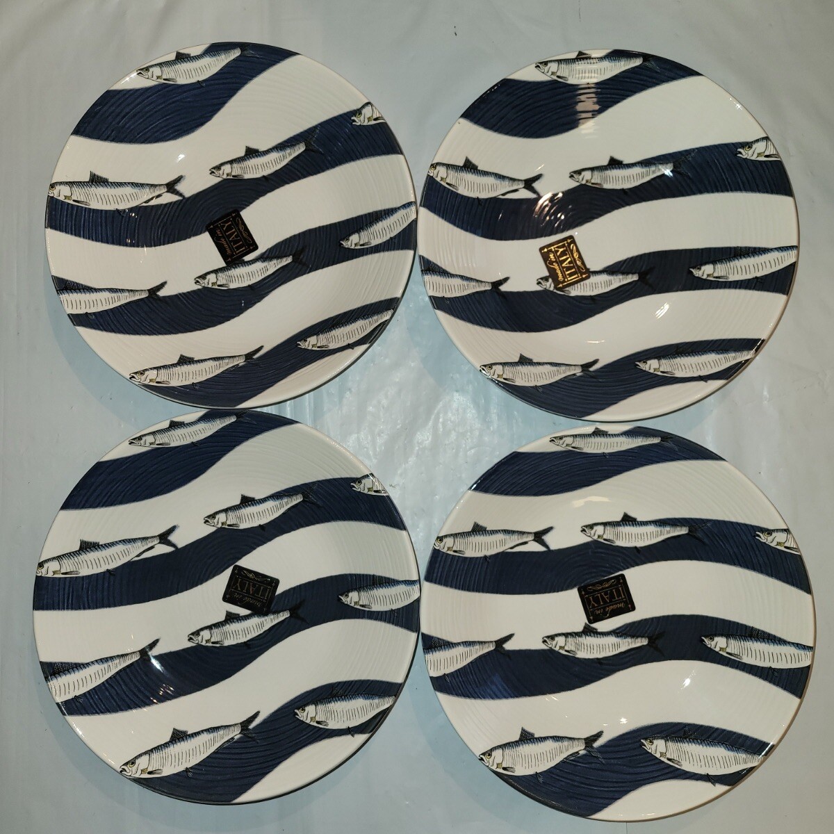 4ct Ceramiche Italia 8″ Pasta Bowls Italy Blue Wave Fish Coastal Beach Nautical