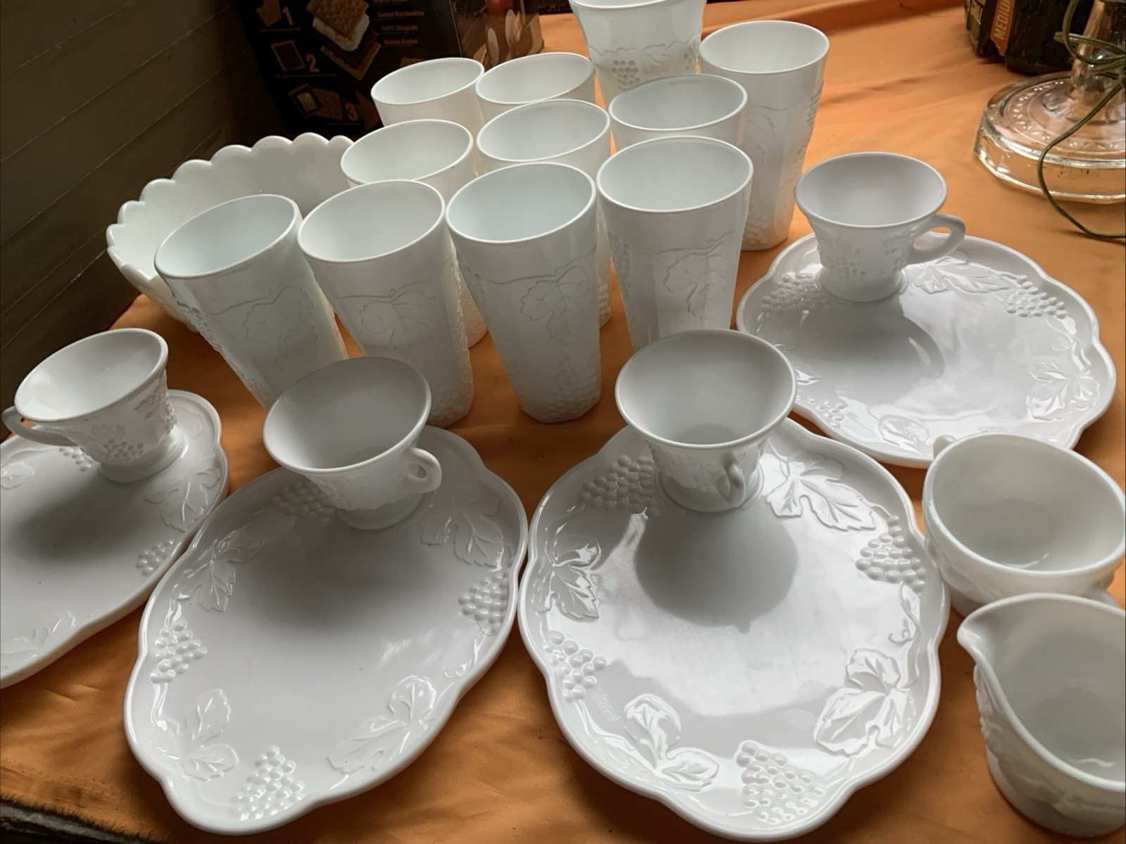 White Ceramic Grapevine Embossed Dinner Set Plates Cups Bowls Tumblers Vintage