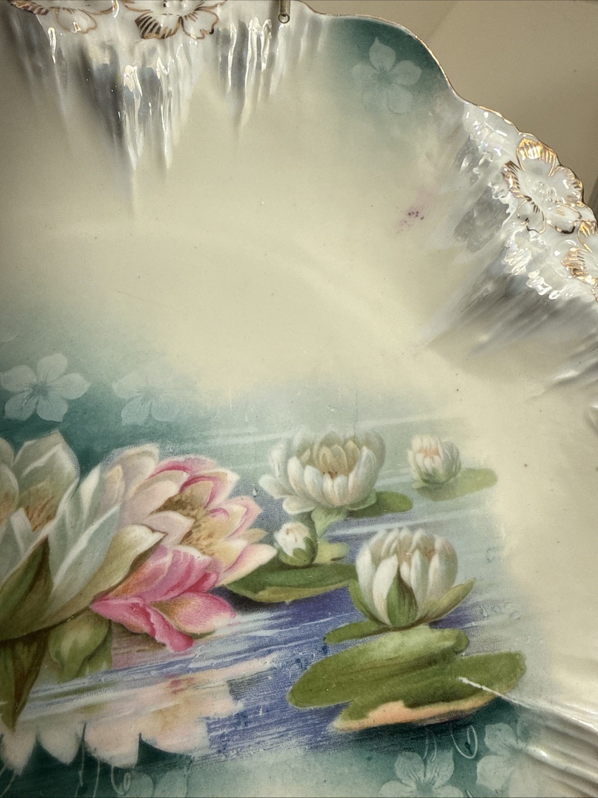 Antique RS Prussia Mold Reflecting Water Lilies Handled Plate 10.25″