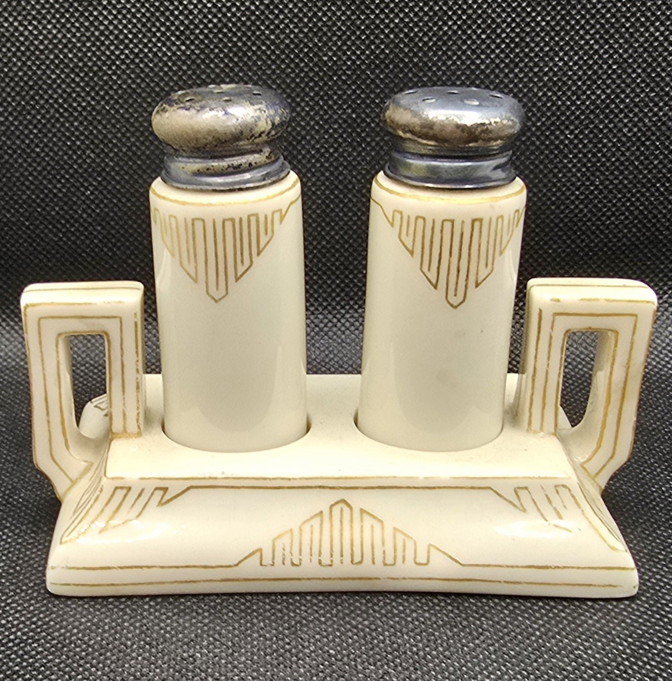 Antique 1906 Lenox Belleek Porcelain Salt & Pepper Shaker Set w/ Stand Art Deco