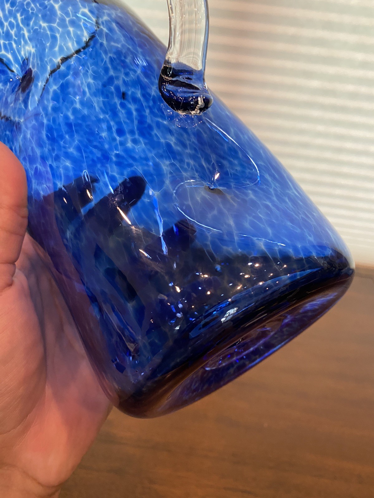 GEORGEOUS LARGE 2019 Cobalt Blue & Yellow Art Glass Pitcher 11.5″H Signed
