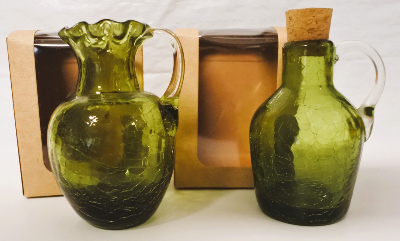 Olive Green Crackle Art Glass Jug Pitcher Hand Blown by Pilgrim Lot of 2