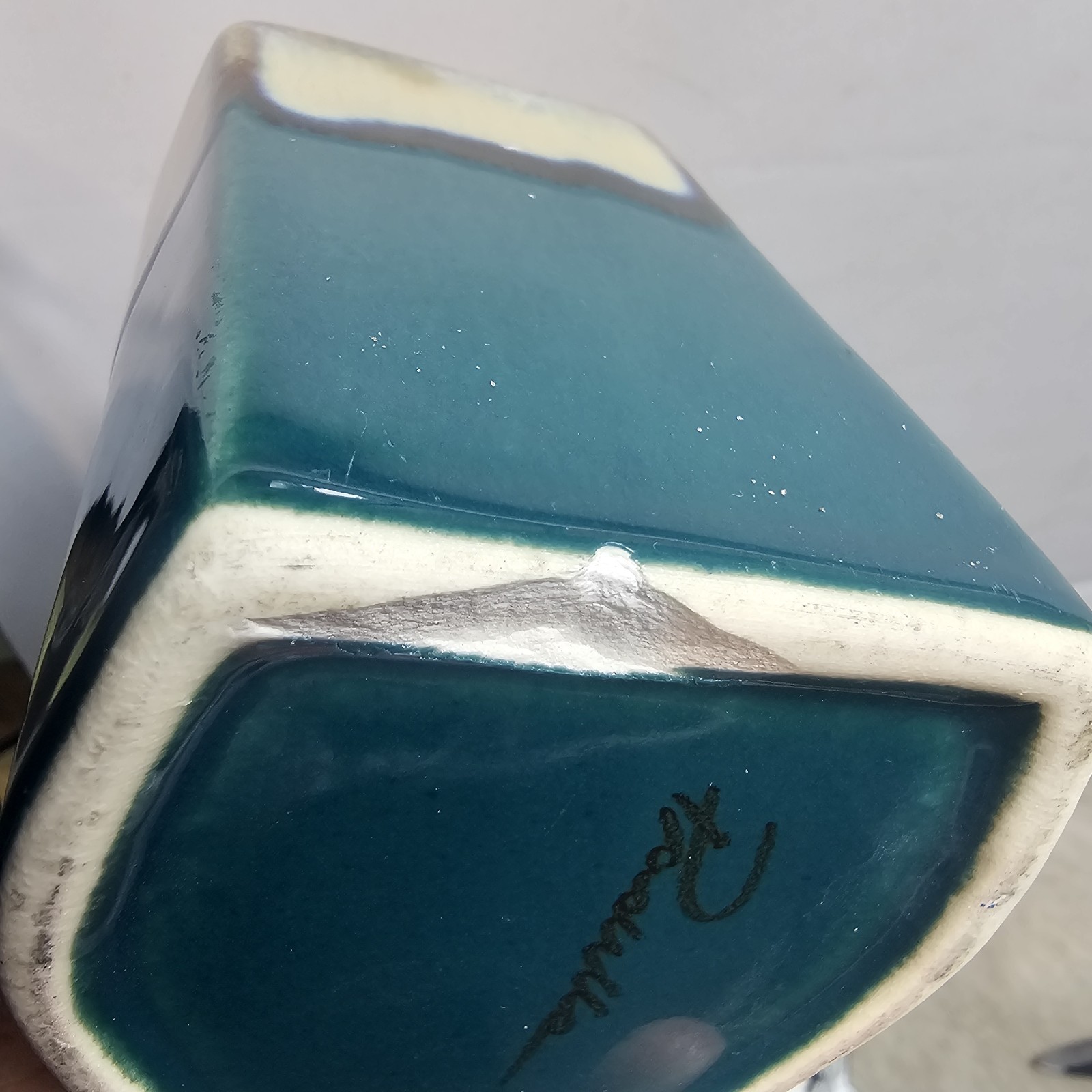2 Rodolfo Padilla Coffee Mugs Green Blue Beige Drip Glaze Pottery Stoneware READ