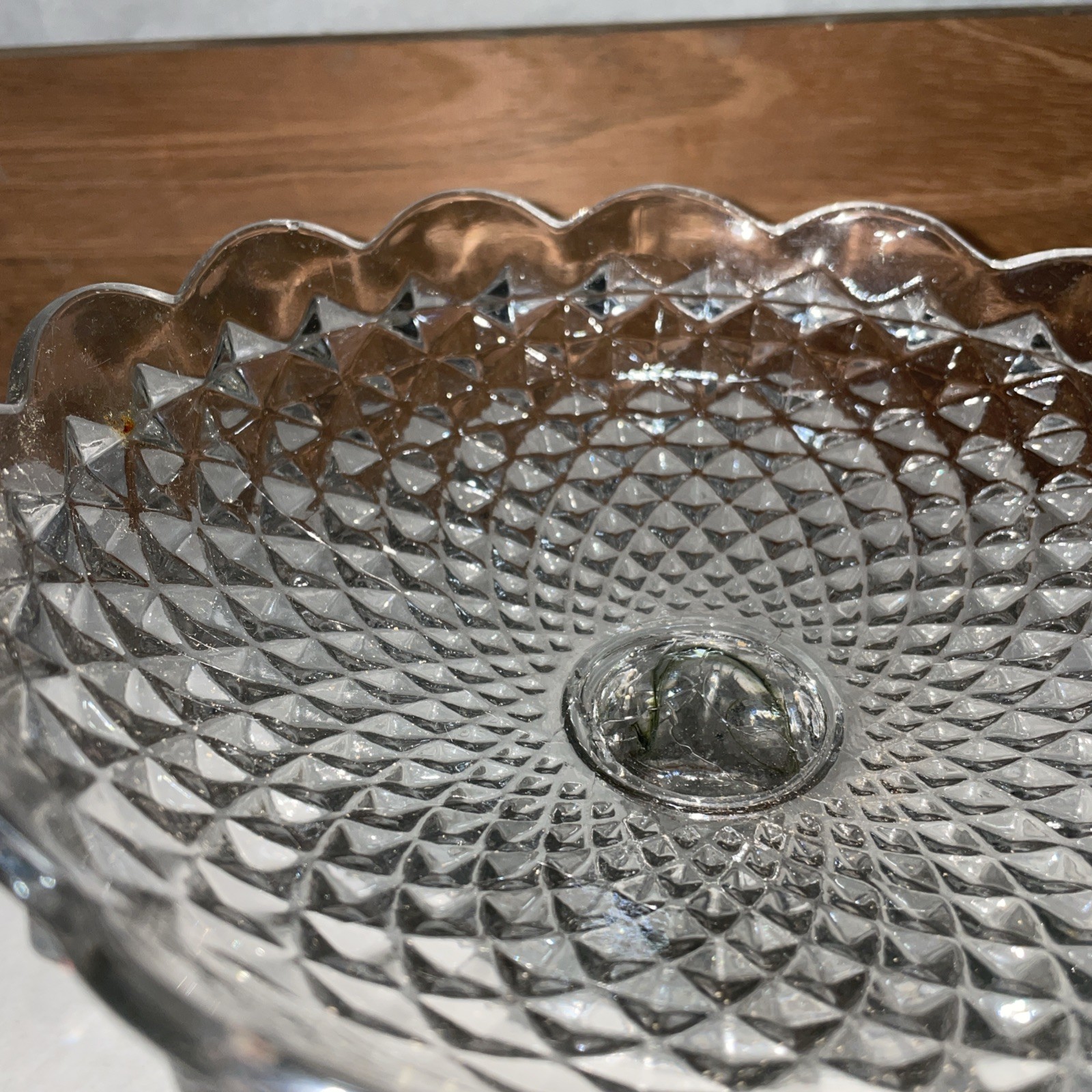 Pressed Glass Pedestal Candy Dish or Compote Scalloped Edge Bowl 6.5”H X 9”W