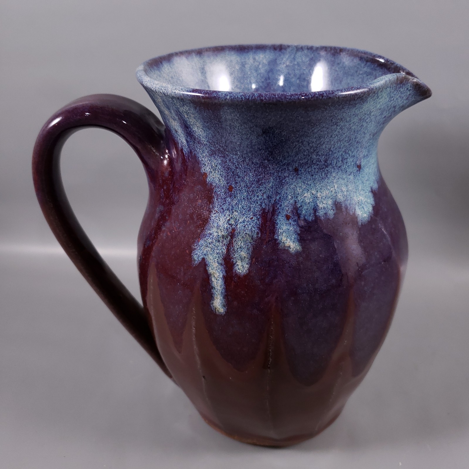 SIGNED Stoneware Purple Blue Drip Glaze Hand Thrown Farmhouse POTTERY PITCHER