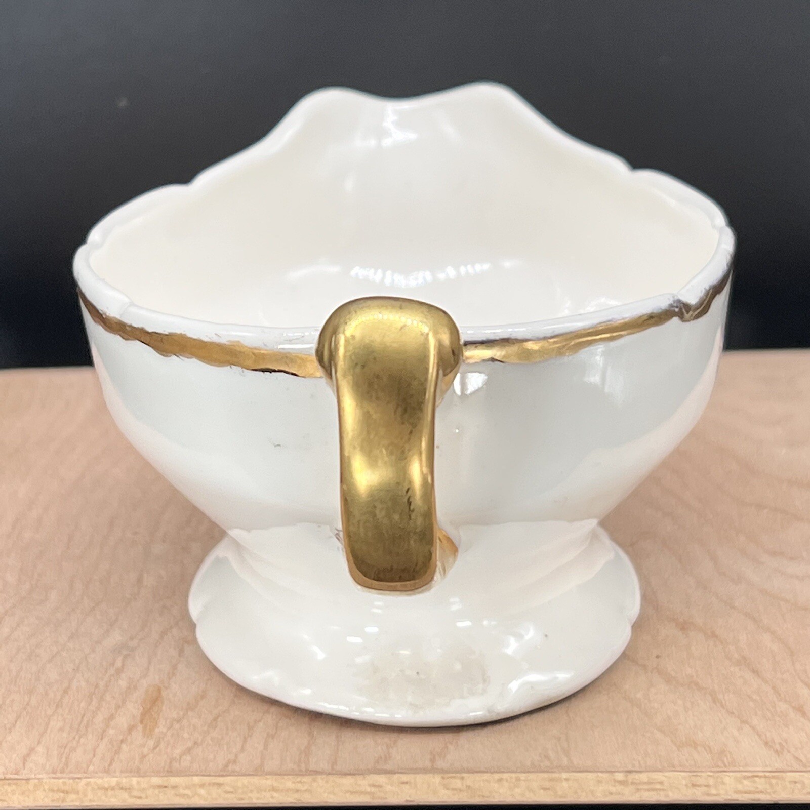 Gravy Boat Gold Trim & Handle Forget Me Nots Floral Vtg Gold Trim Signed F.W.
