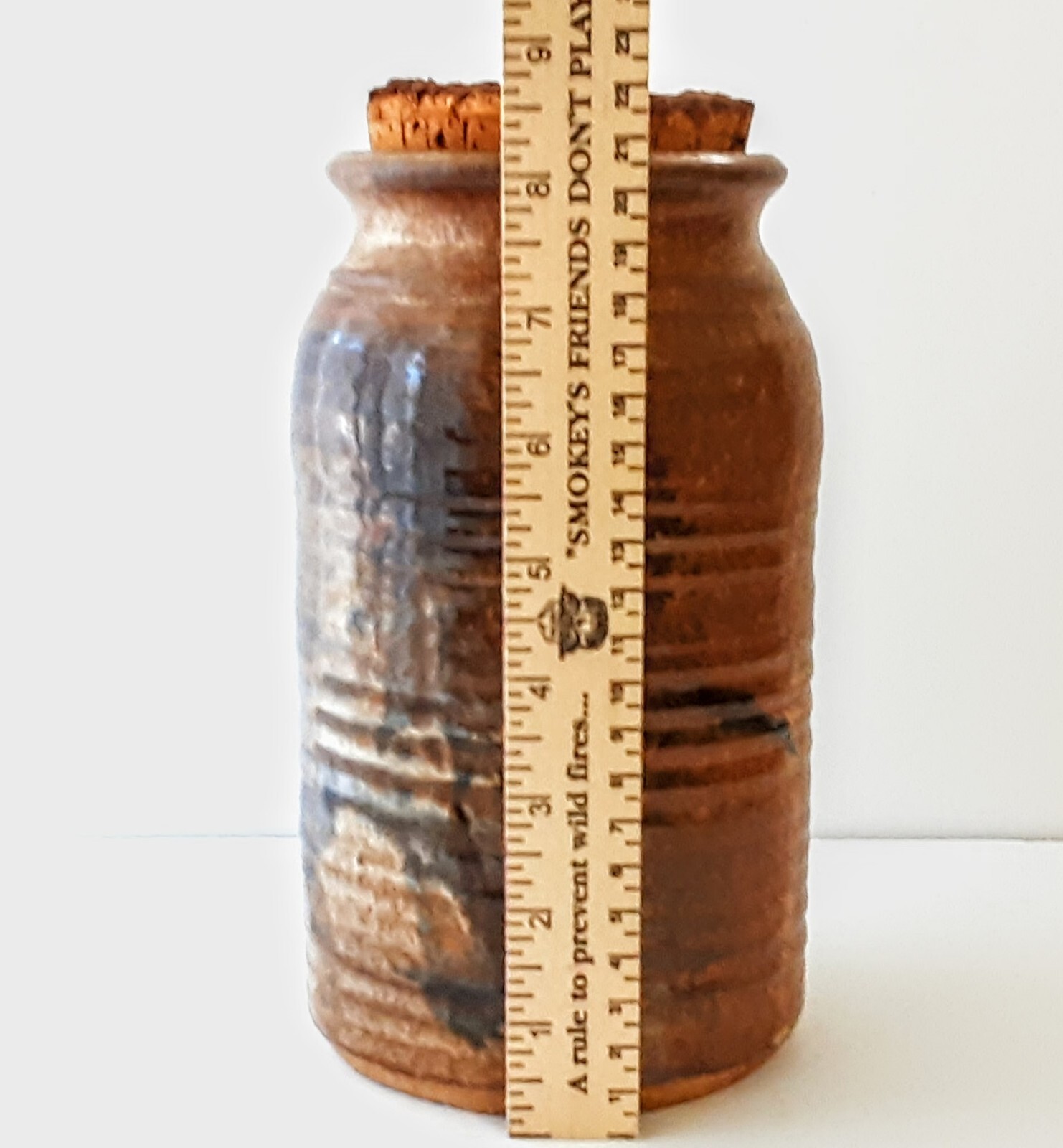 Hand Thrown Glazed Studio Pottery Jar W Cork Lid 8.5″ Tall Artist Signed Vtg ’81
