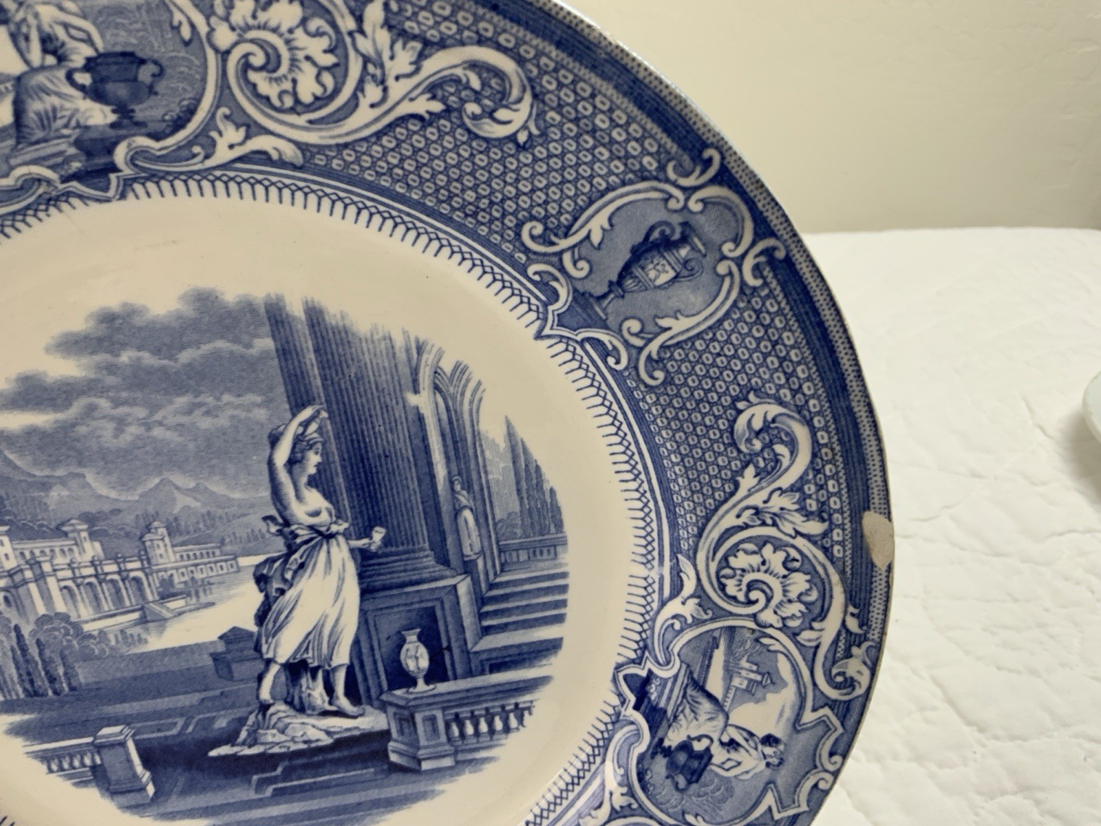 Antique Blue Transferware Dinner Plate, UK,, Grecian Lady & Castle, Davenport