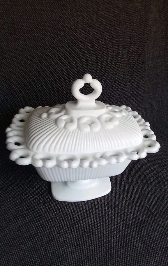 Westmoreland DORIC Ribbed Open Lace Milk Glass Pedestal Compote Bowl with Lid