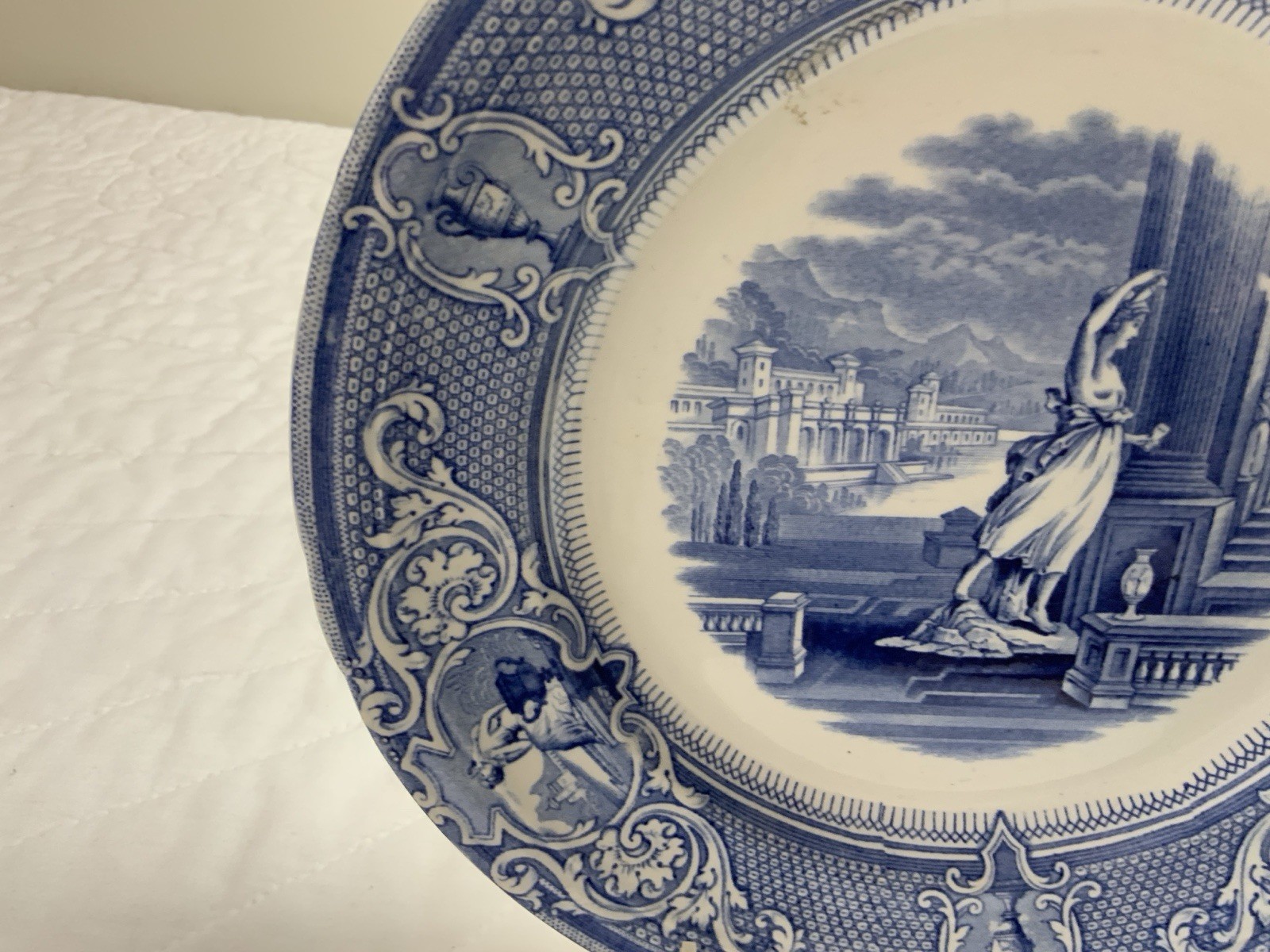 Antique Blue Transferware Dinner Plate, UK,, Grecian Lady & Castle, Davenport