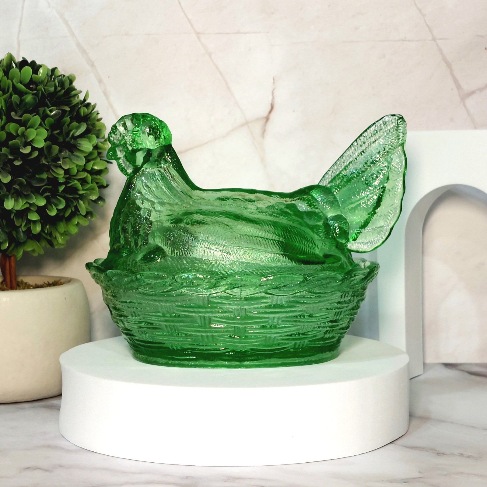 Hen on Nest Chicken Green Depression Style Glass Candy Dish, Vintage Style Decor