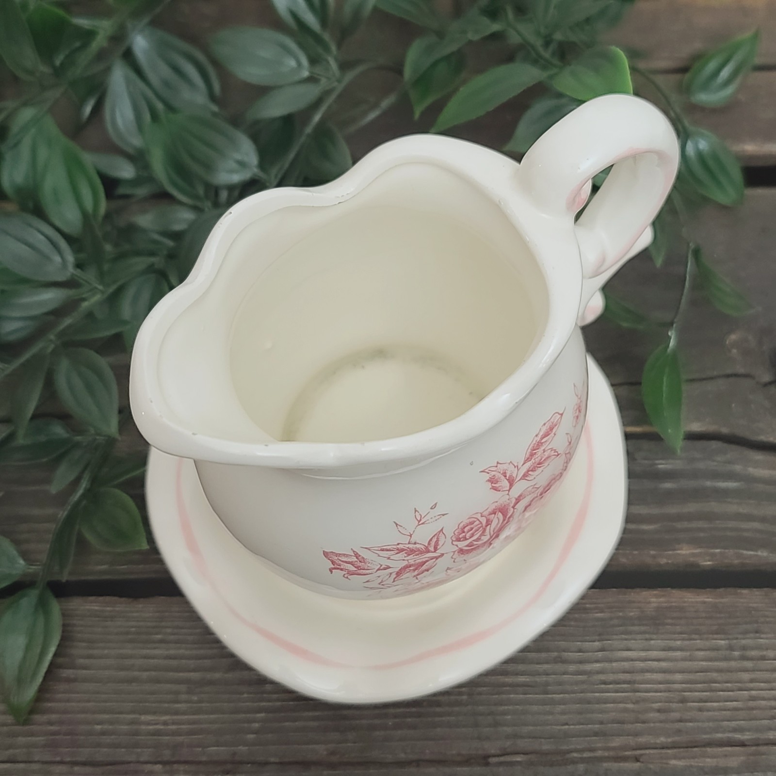 Vintage Pink Floral Roses Creamer Pitcher Planter Shape Vase w. Saucer 5″