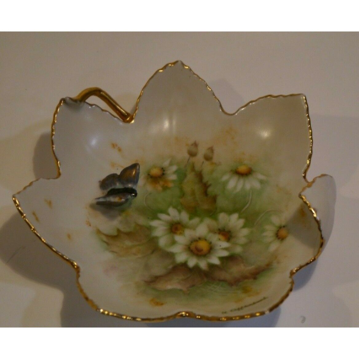 Trinket Dish Hand Painted Porcelain Flower Applied Raised Butterfly signed Vntg