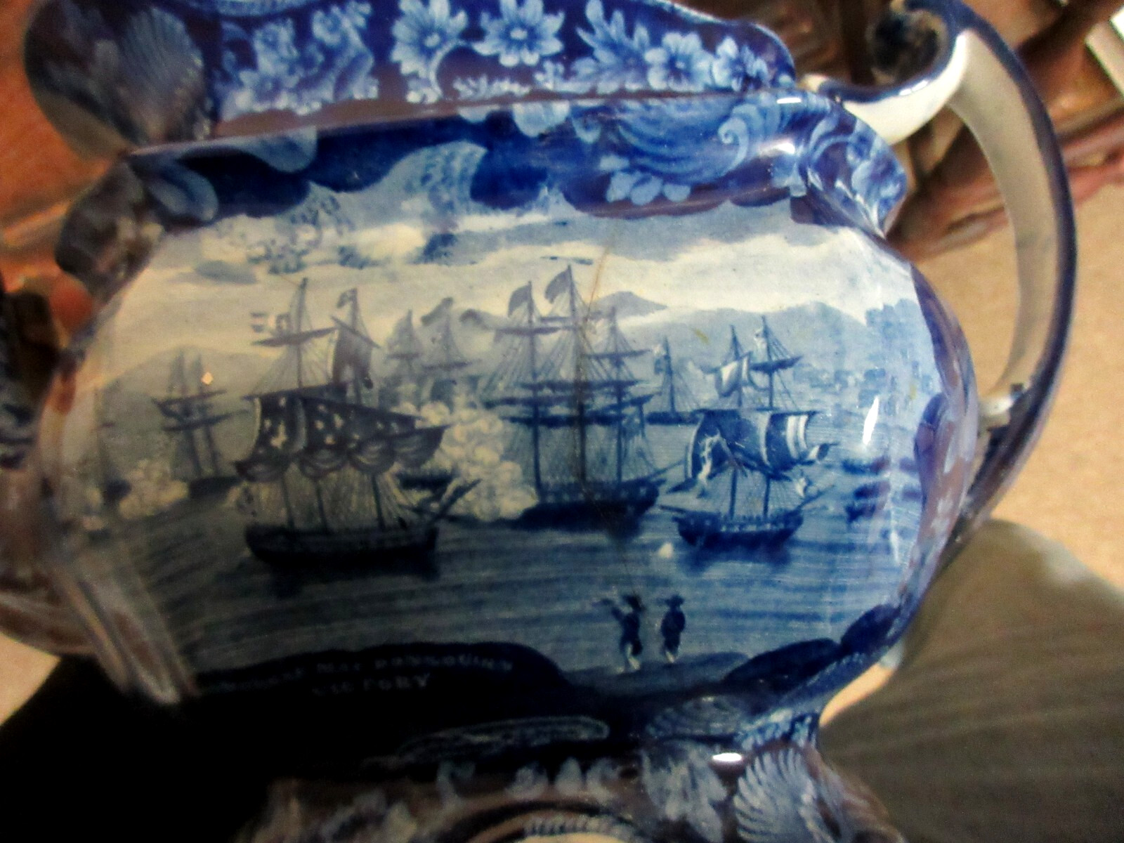 ANTIQUE HISTORICAL BLUE TEAPOT “MCDONOUGH’S VICTORY” AMERICAN VIEW , WAR OF 1812