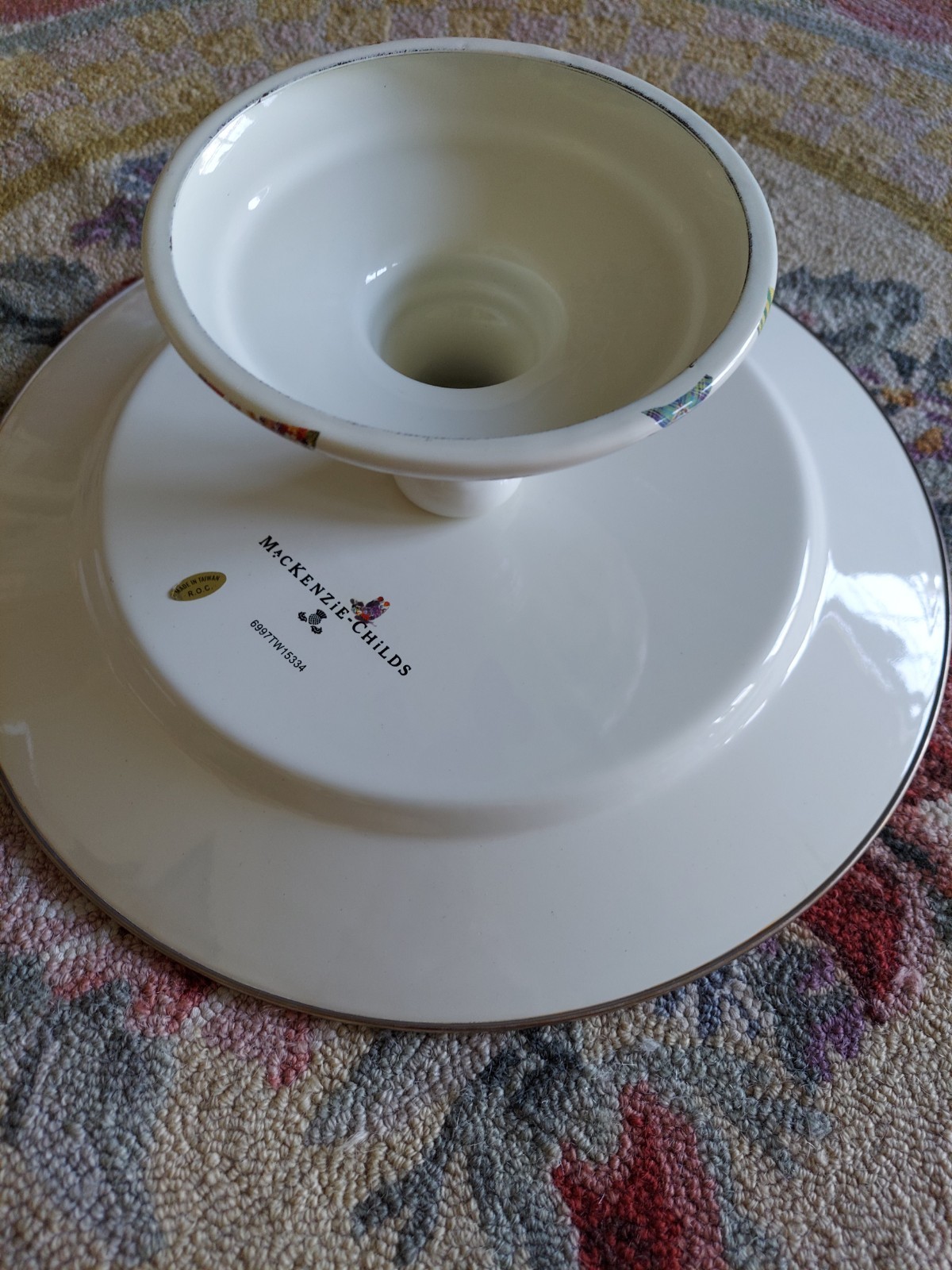 Mackenzie-Childs Butterfly Garden Pedestal Platter With Courtly Check
