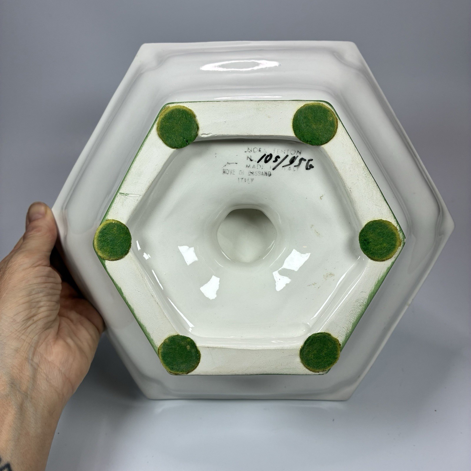 Vintage Italian 10” Pedestal Compote By Nora Fenton Floral Ceramic Hexagon