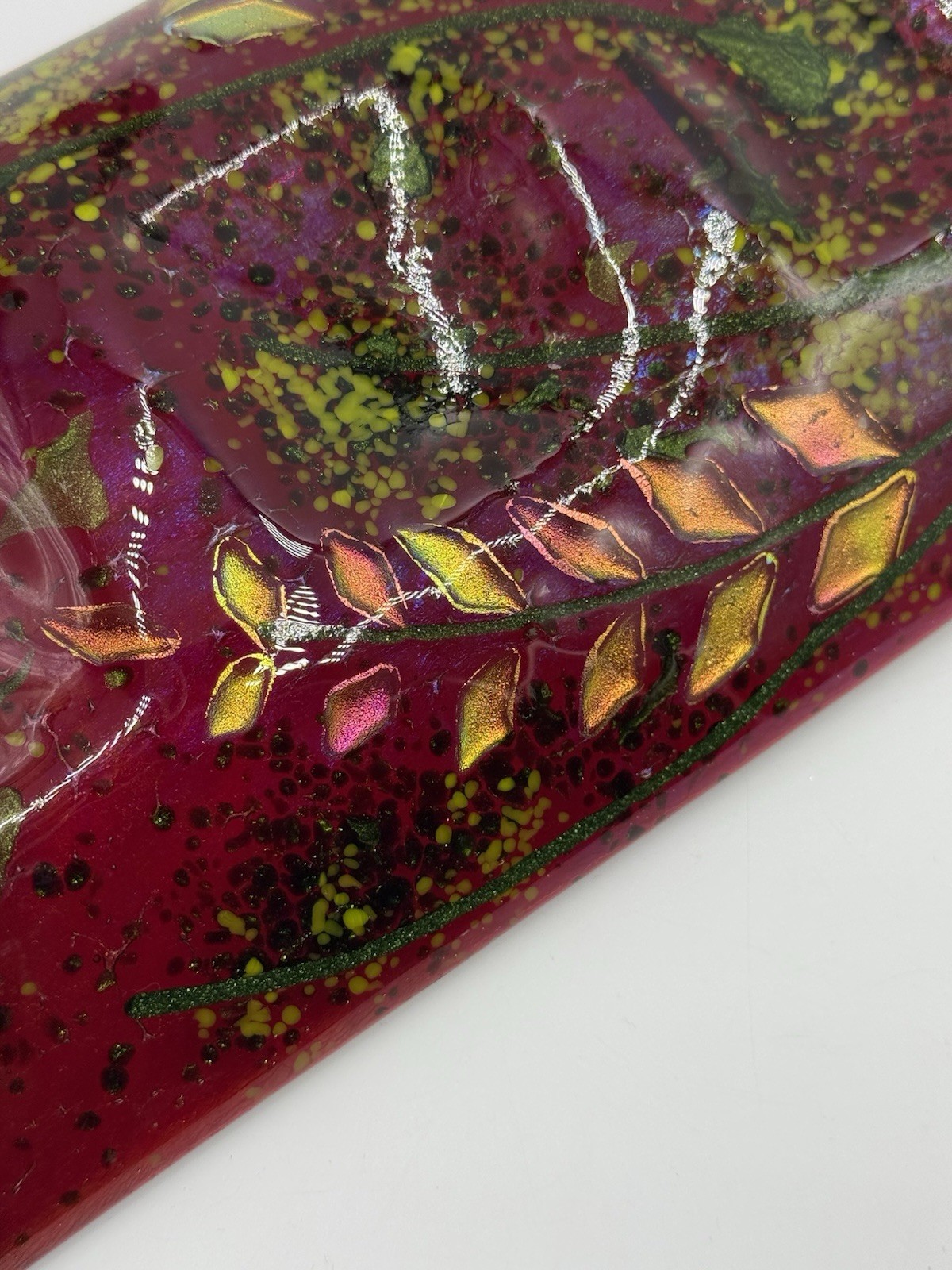 Fused Art Glass Red Green With Iridescent Leaves Rectangle Curved Decor Signed