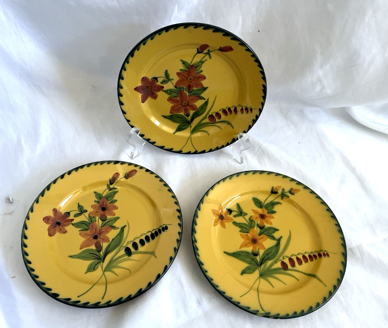 ANTIQUE set of 3 handpaint plates-yellow/mustard w/ orange & green floral.
