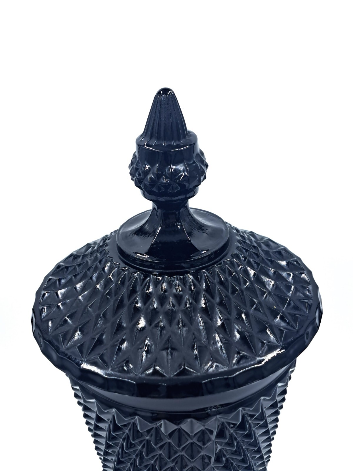 Vintage Tiara Indiana Black Glass, Diamond Point Pedistal Covered Candy Dish 15″