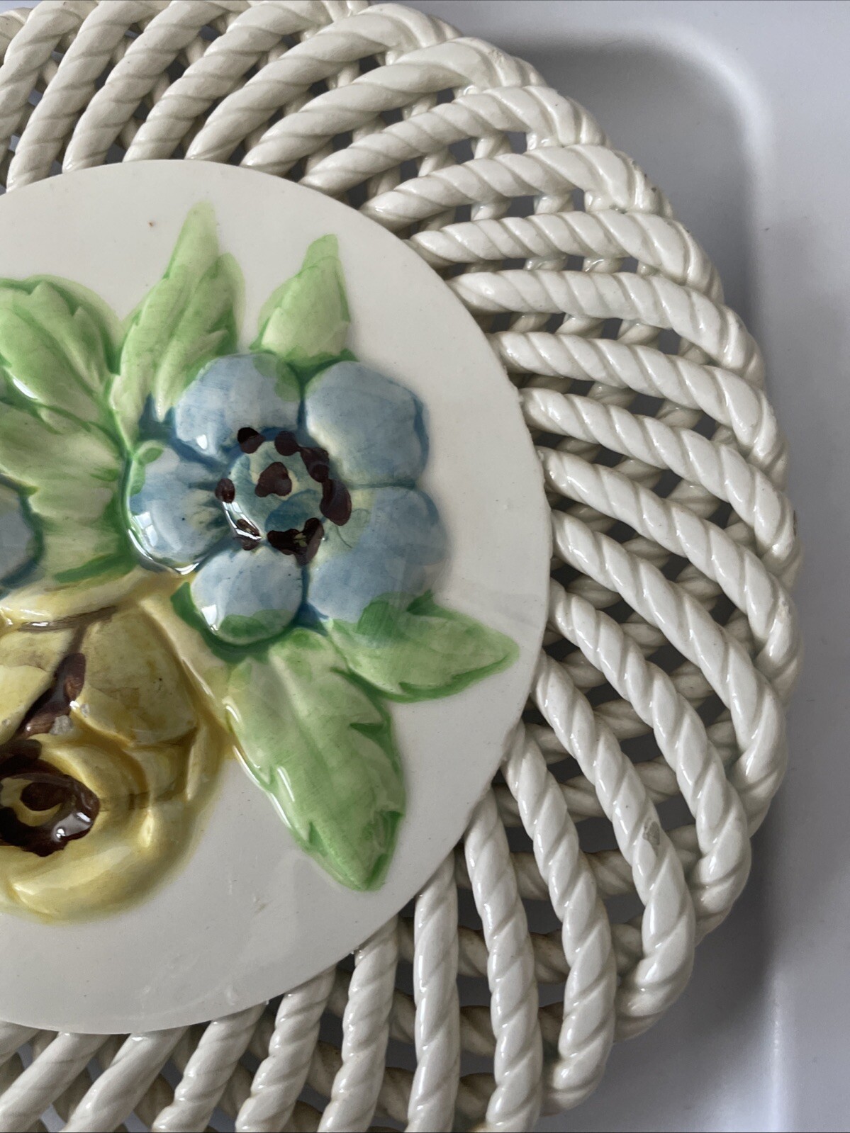 Ceramic Spain Wall Plates Spanish Art 3D Fruit Flowers Lattice Painted Set of 3