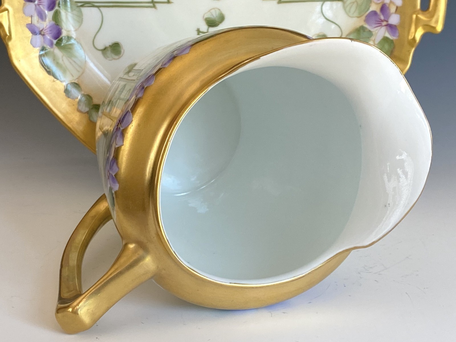 PICKARD ANTIQUES HAND PAINTED “VIOLETS IN PANEL” PITCHER ARTIST SIGNED