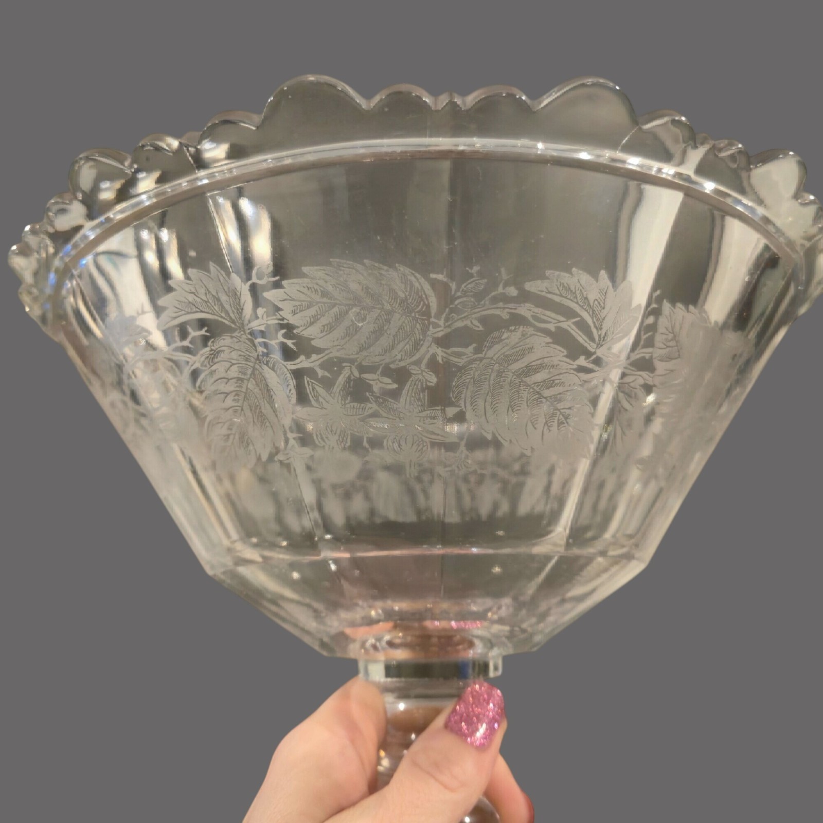 Antique Etched Glass Pedestal Compote Scalloped Rim Elegant Glass Bowl leaves