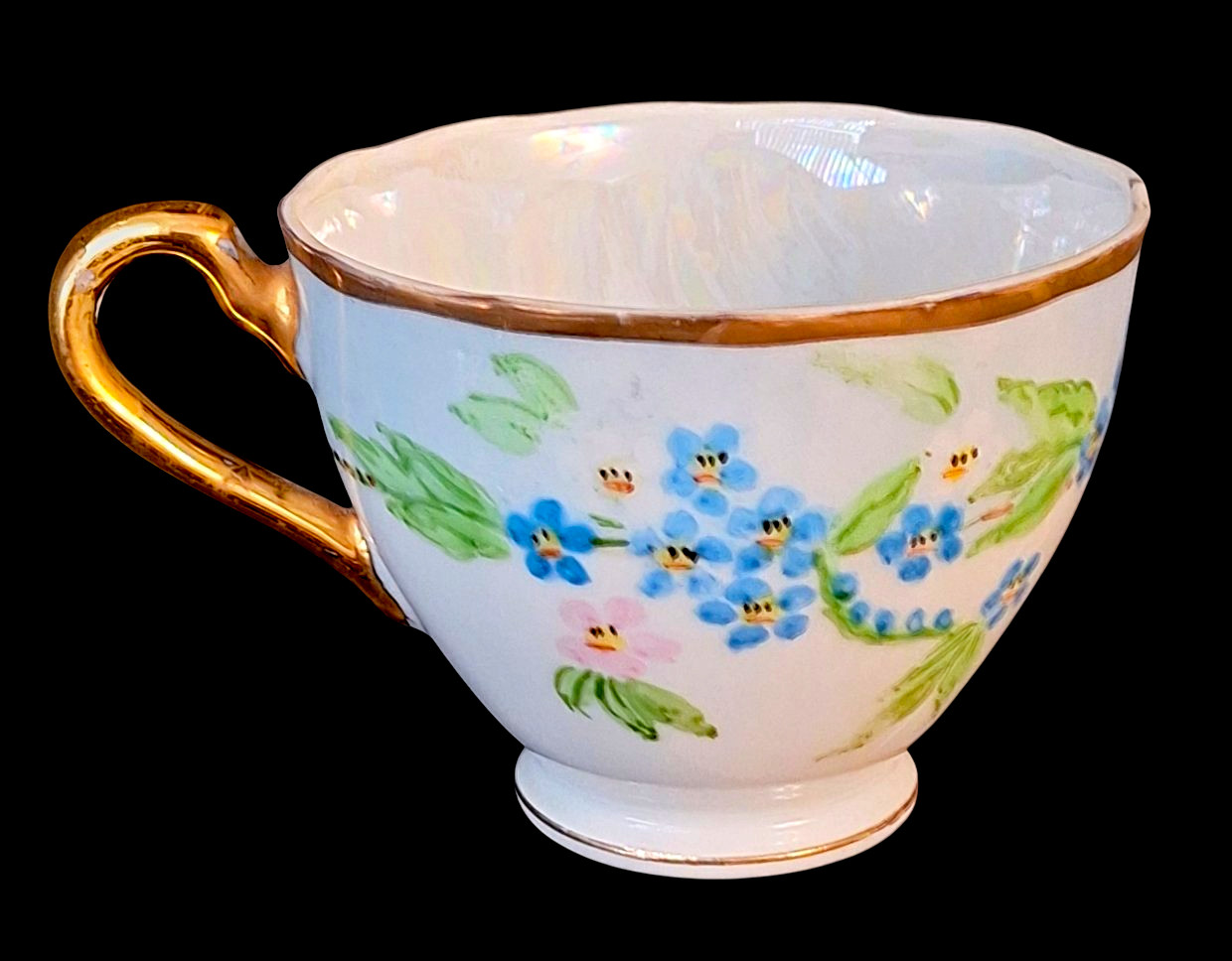 Vintage White Coffee Tea Cup & Saucer Blue Floral Hand-Painted by Ruth of Tucson