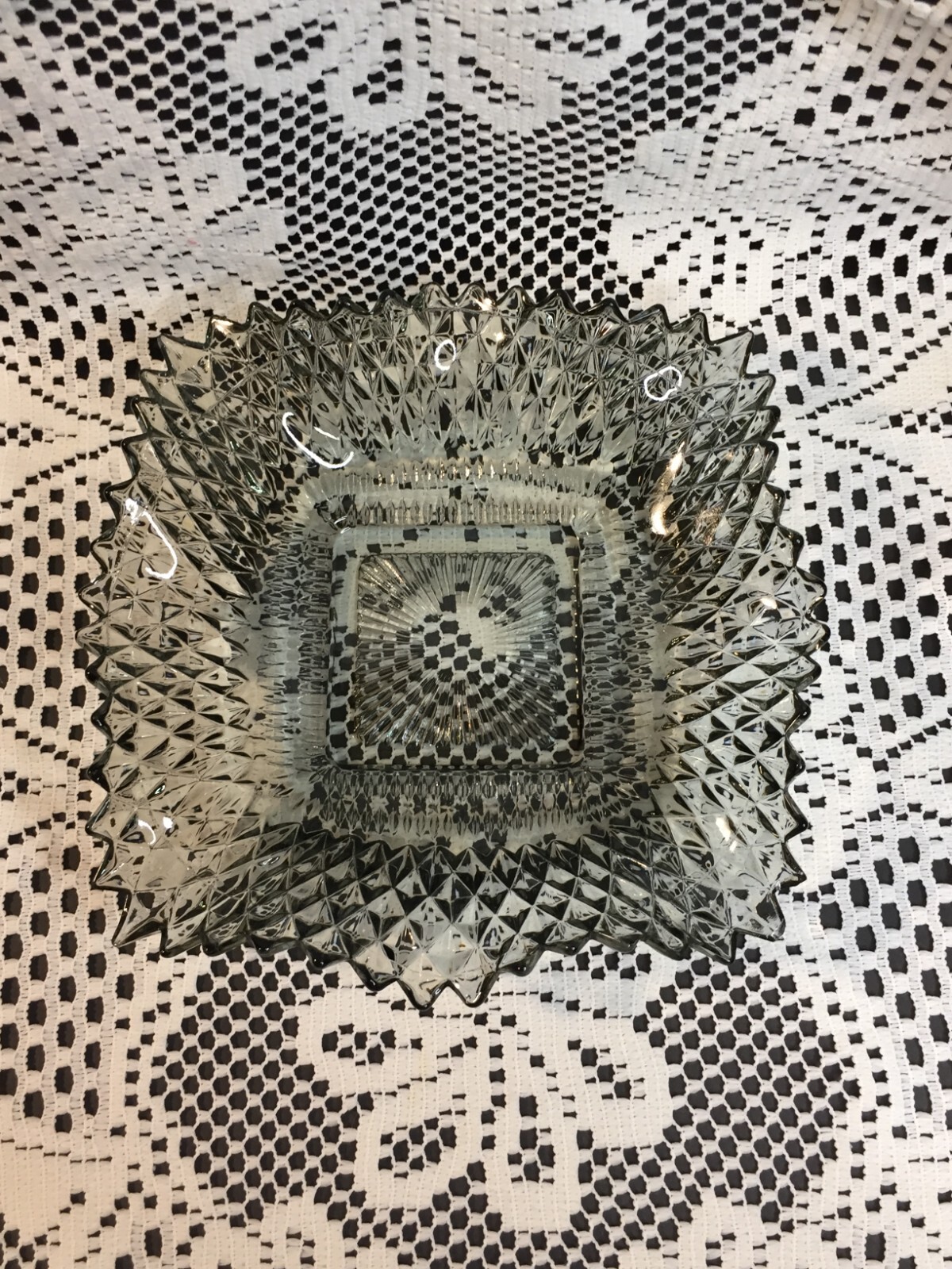 Light Gray Clear Glass Candy Bowl Square Serving Dish with Pointy Edges Vintage