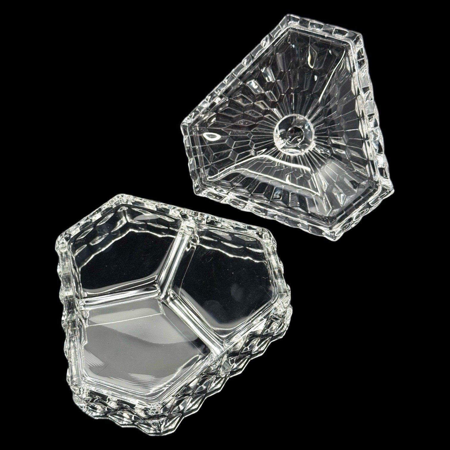 Fostoria American Cubist Covered Candy Dish, Hexagon 3 Section Glass Server MCM