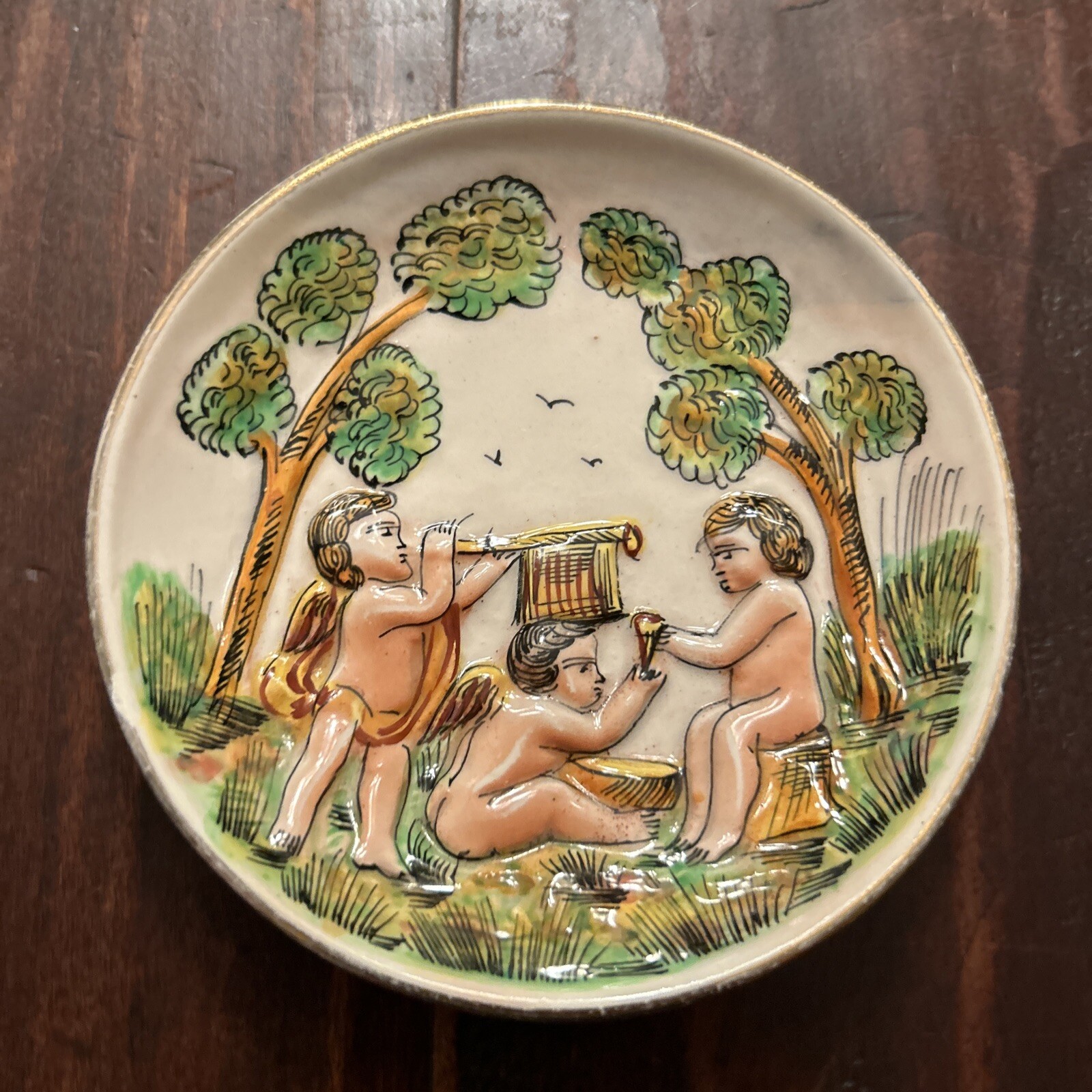Vintage Pair Capodimonte Porcelain Hand Painted Mini 3 7/8″ Plates Cherubs Italy
