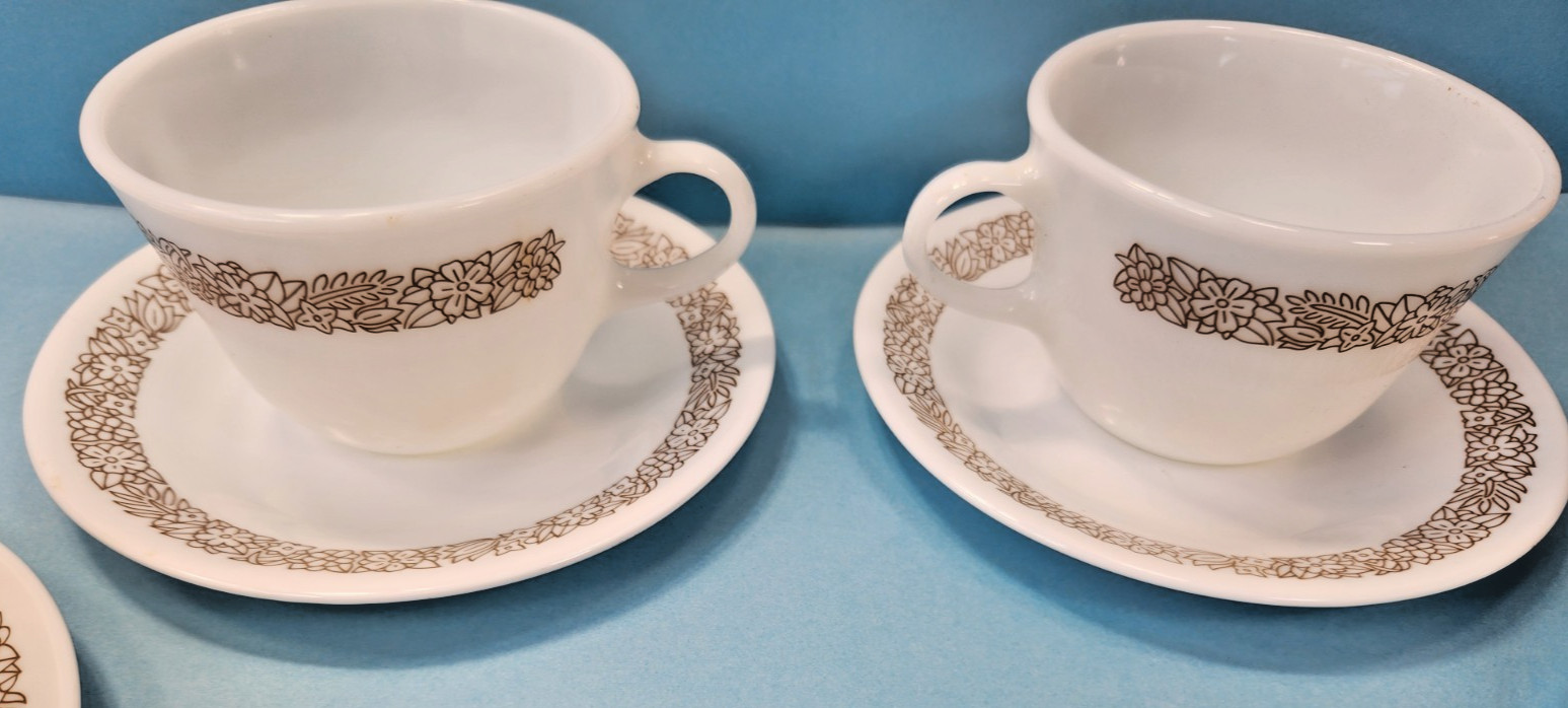 CORELLE WOODLAND BROWN SET OF 4 TEA CUPS AND SAUCERS PYREX MADE IN USA