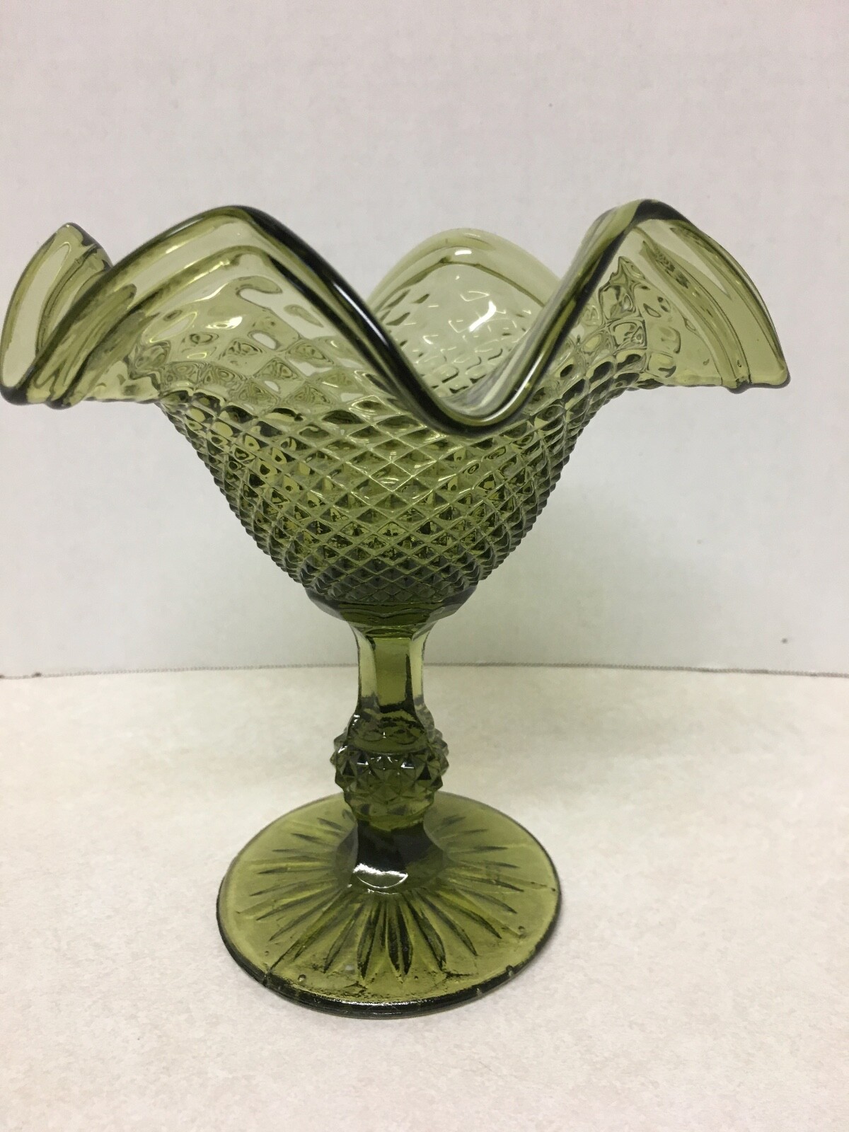 Vintage Olive Green Diamond Point Ruffled Edge Pedestal Bowl Candy Dish Indiana