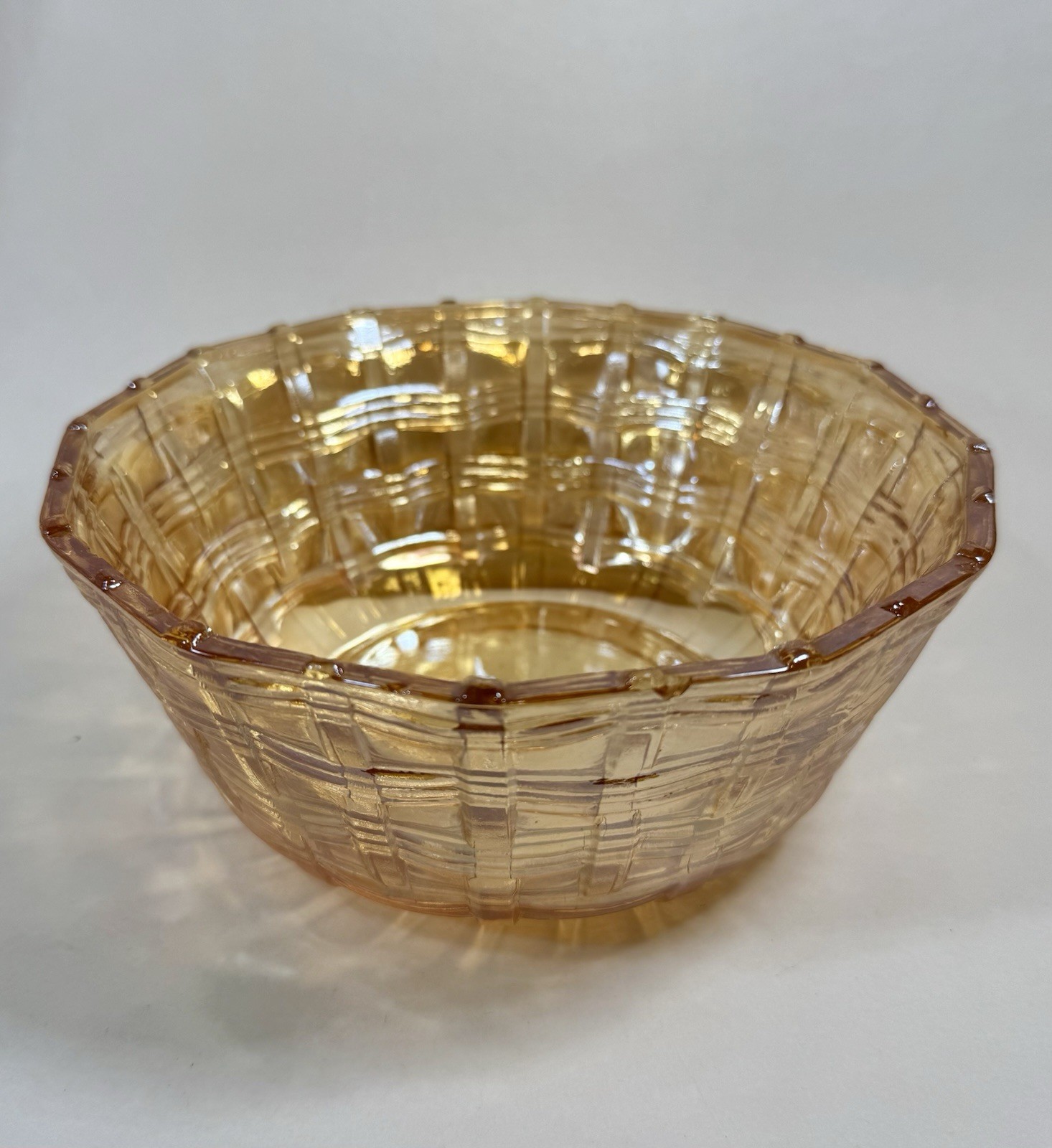 Carnival Glass Bowl Basket Weave Marigold Serving Iridescent 7.25” Vintage B78