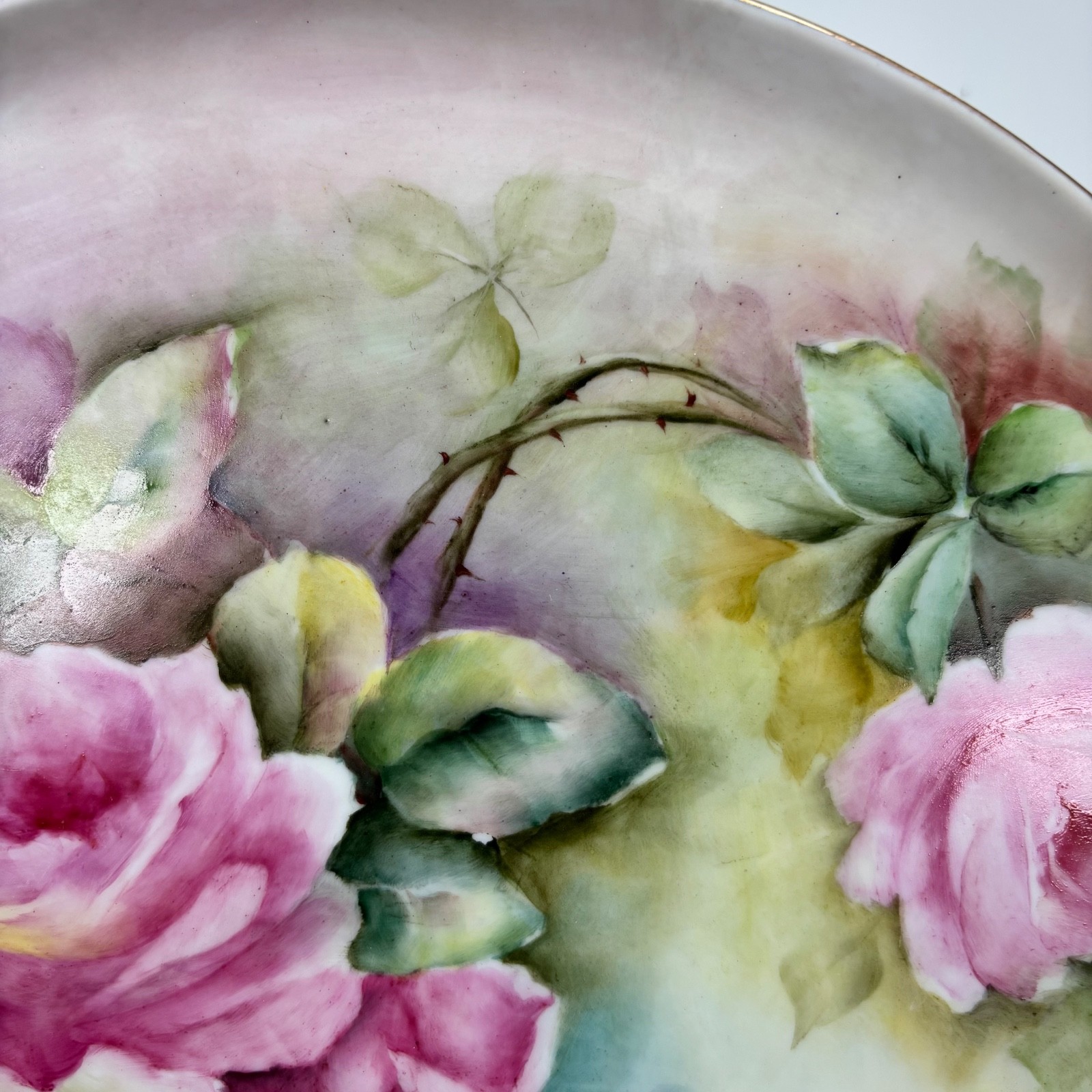 Vintage Tirschenreuth Germany Porcelain Roses Gold Rim Charger Plate 13.5″