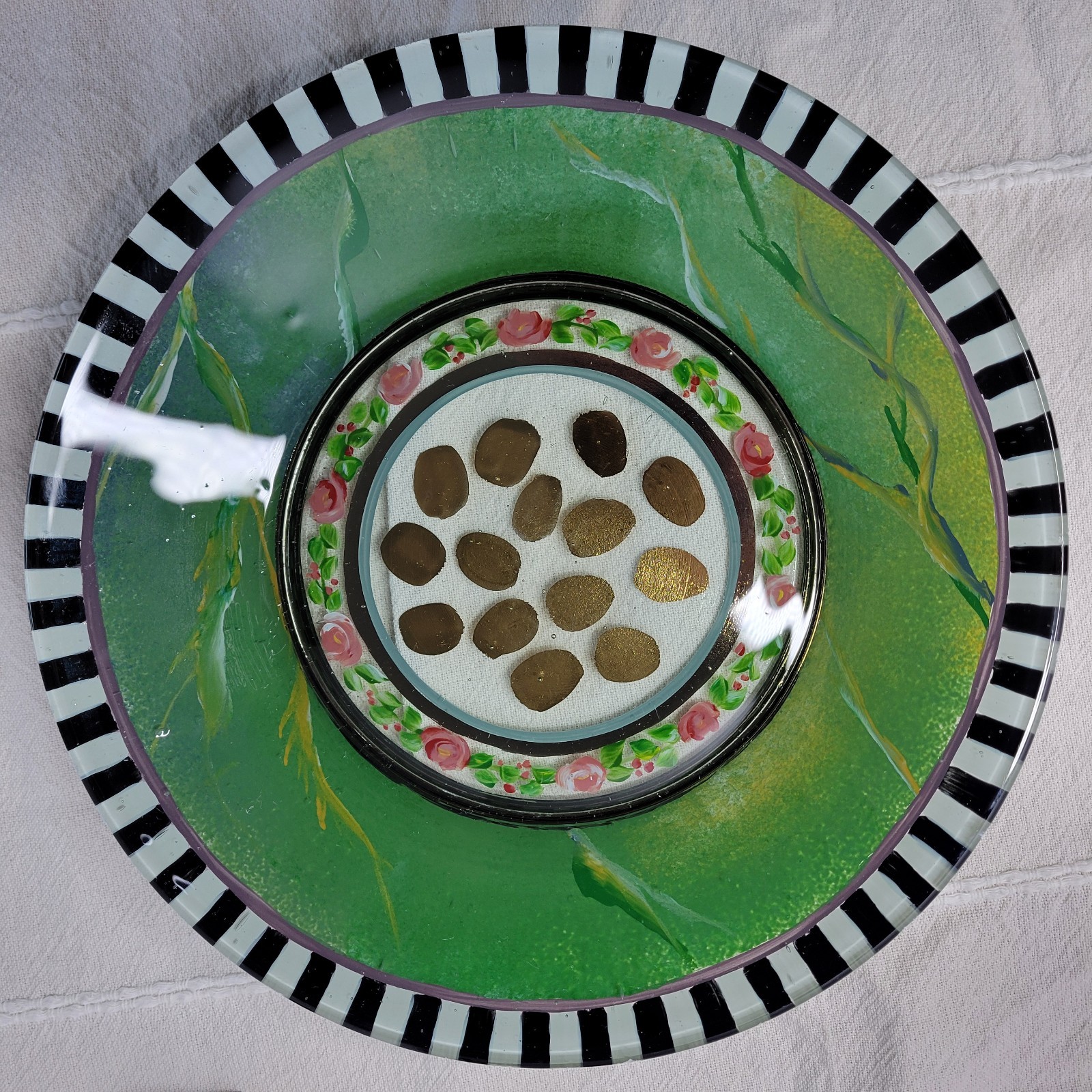 Early MacKenzie-Childs Plate Hand Painted Glass Soup Pasta 9.25″ Rose Garland