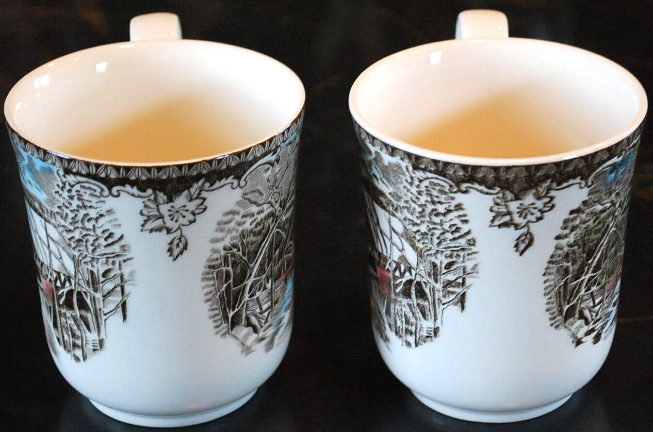 Set 2 Vintage MUGS Johnson Bros FRIENDLY VILLAGE ‘COVERED BRIDGE’ Transferware