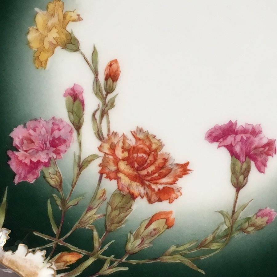 Elegant Antique T V Limoges France Dark Green Plate Scalloped Carnations Floral
