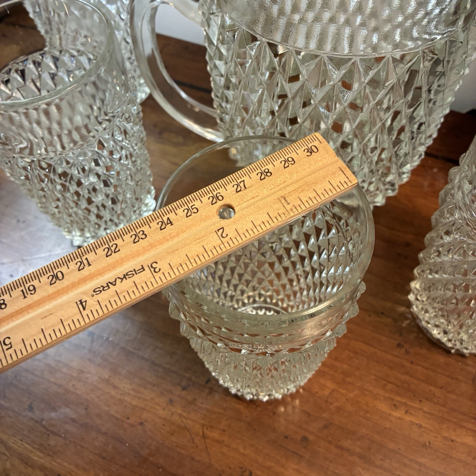 Vintage Indiana Glass Co. Pitcher Clear Diamond Point 52 oz+5 Glasses Water Tea