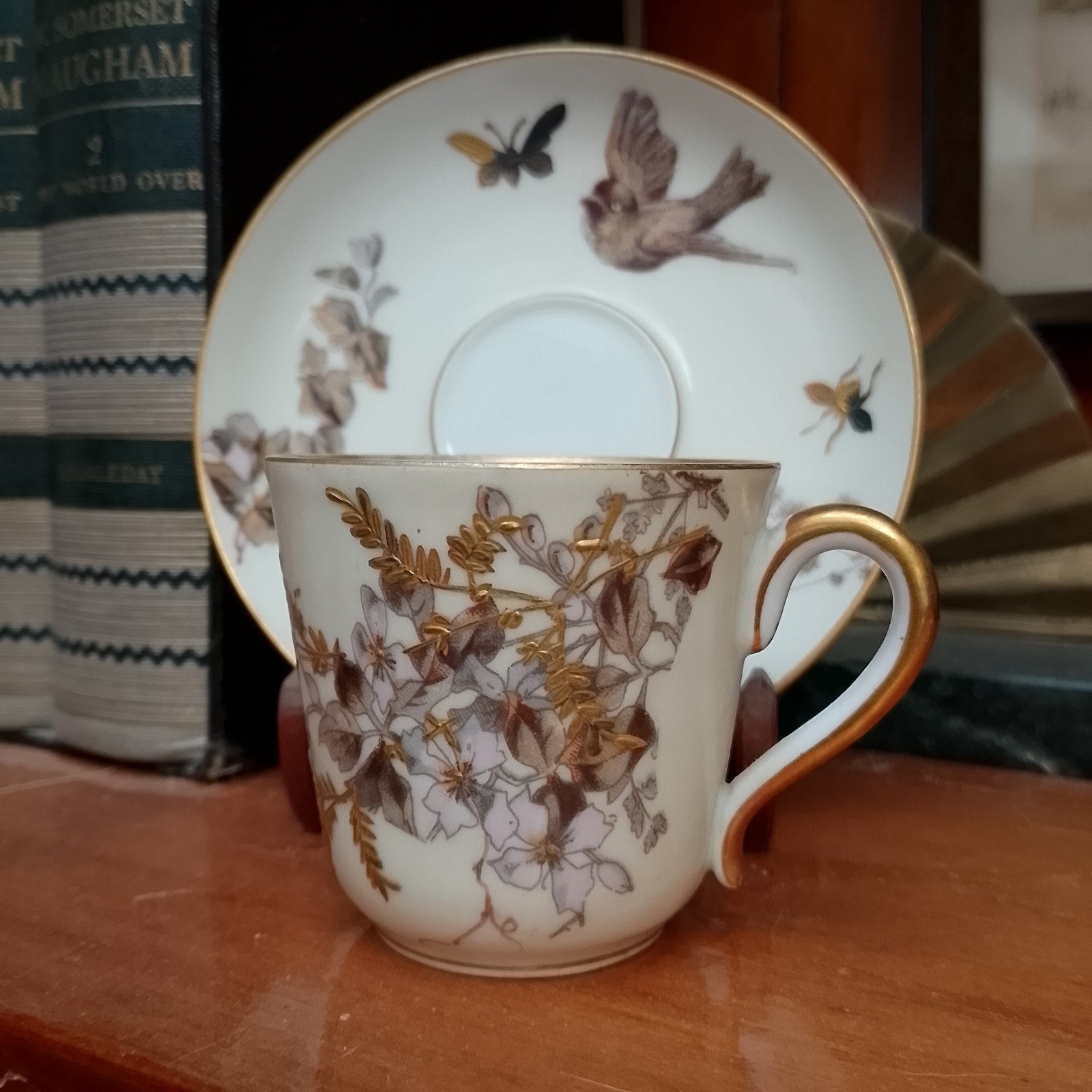 Fischer & Mieg Pirkenhammer Cup Saucer Birds BEES Hand-Painted 1890s C&S HTF
