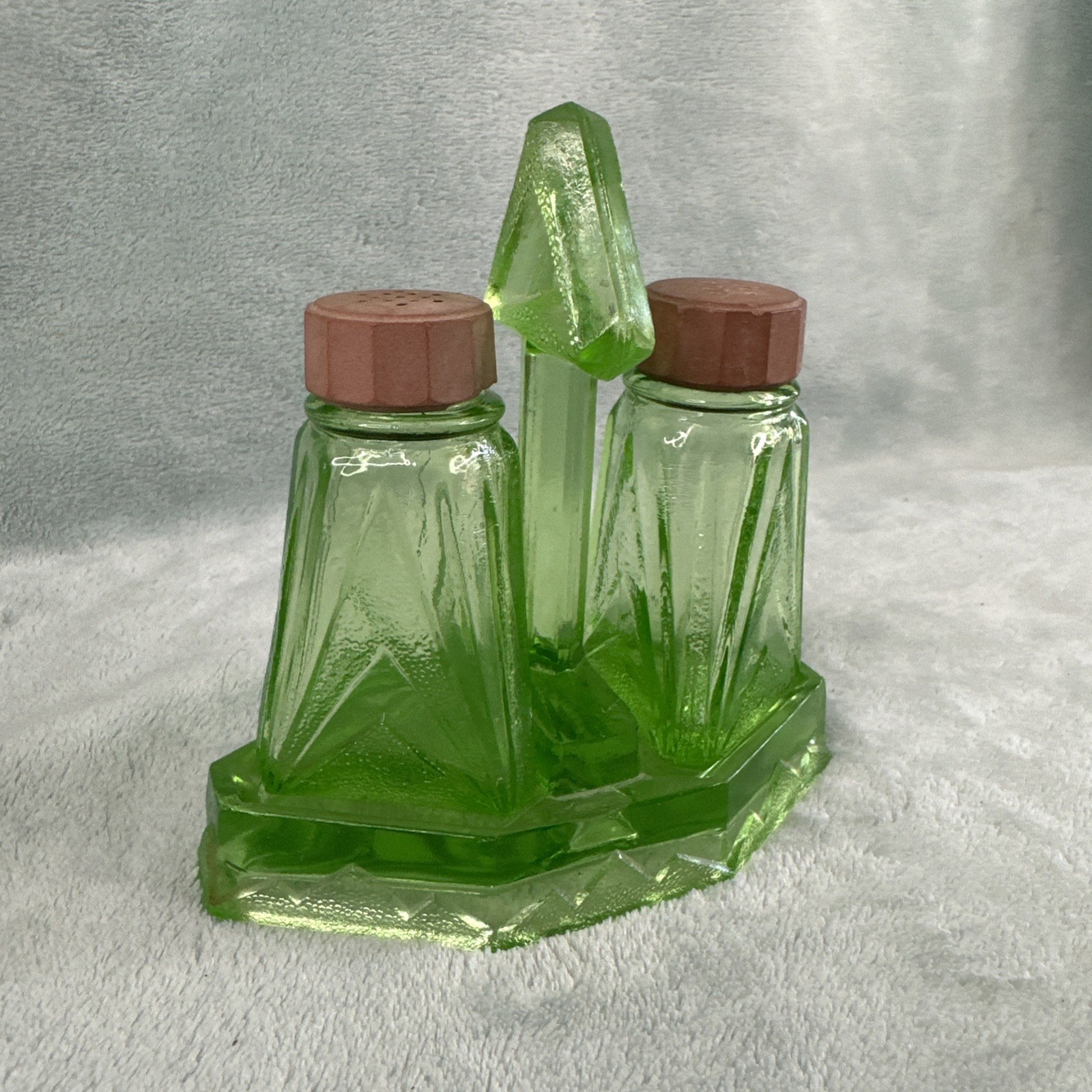 Vintage Vaseline Glass Art Deco Salt Pepper Shaker Caddy Uranium Glow SEE CHIP