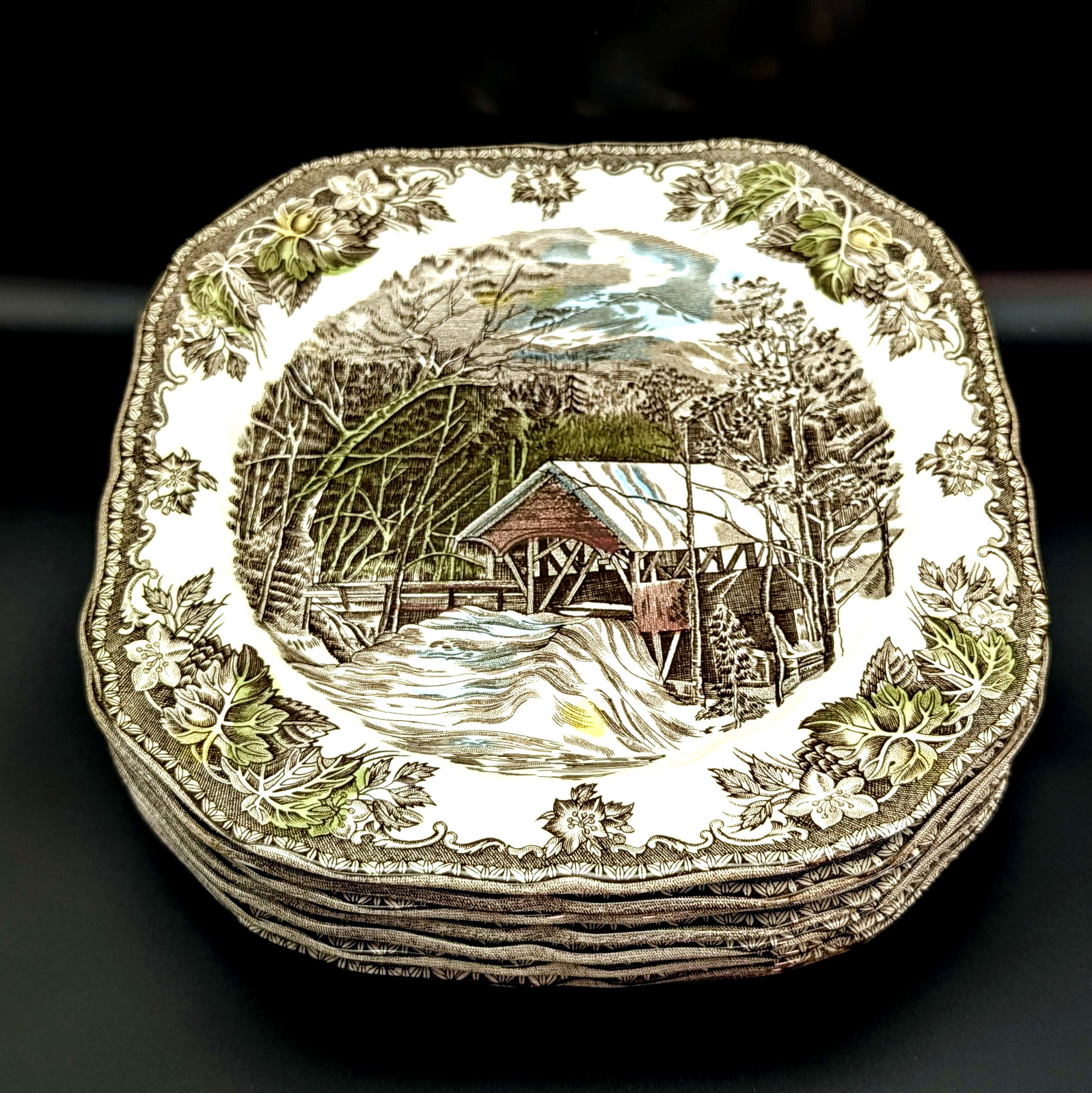 Johnson Brothers Friendly Village Covered Bridge Square Salad Plates 7 1/2″ 8 Pc