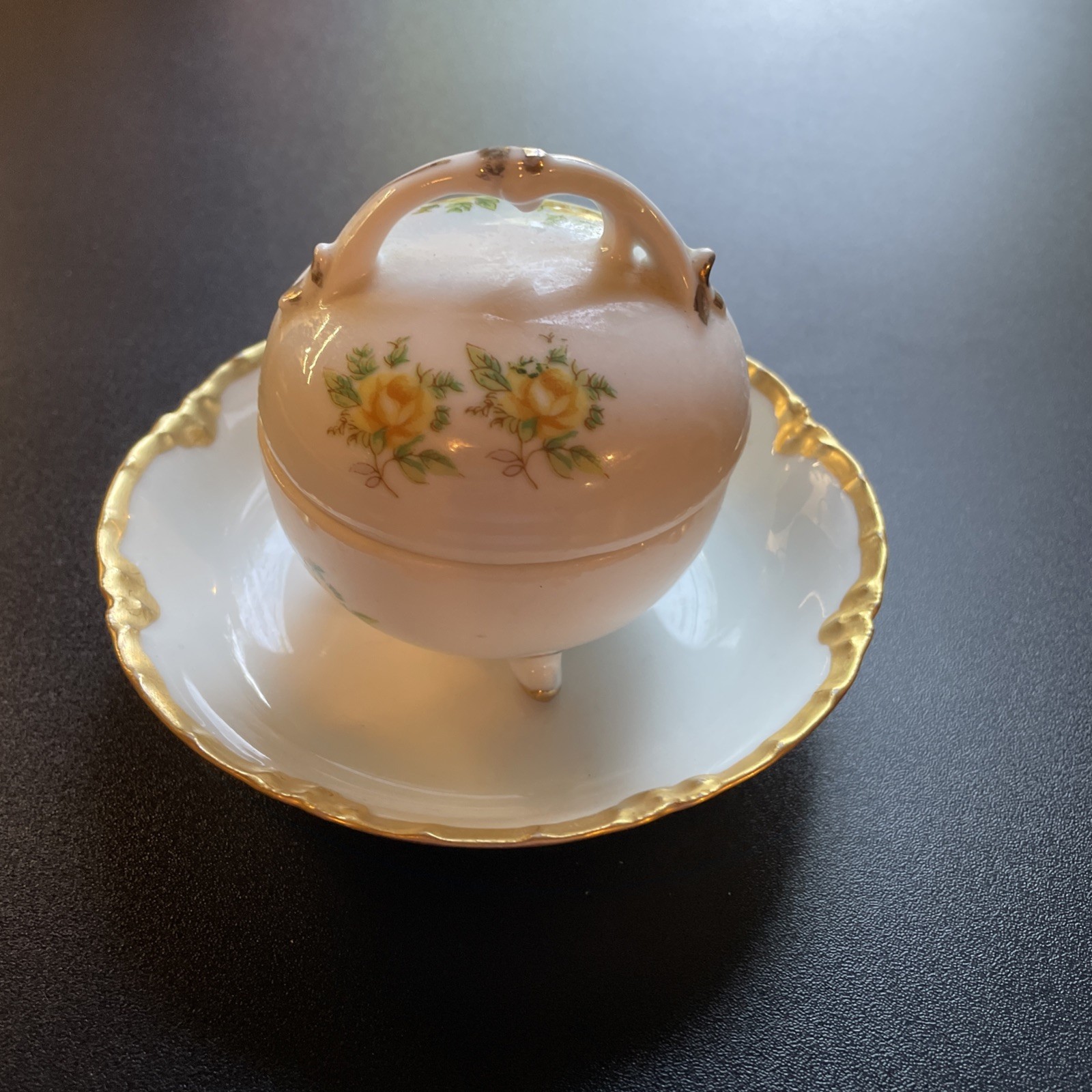 Floral Trinket Footed Dish and Small Haviland Dish w/Gold Rim Vintage Antique